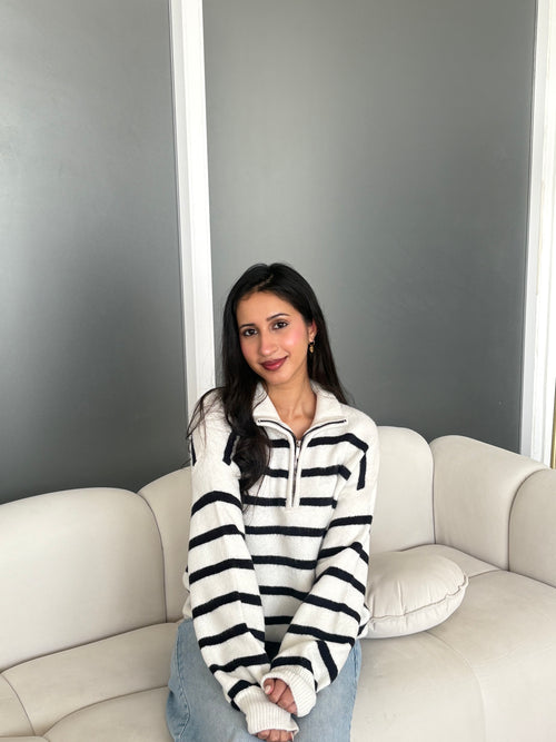 Collared Stripped Zipper Knit
