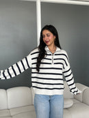 Collared Stripped Zipper Knit