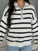 Collared Stripped Zipper Knit