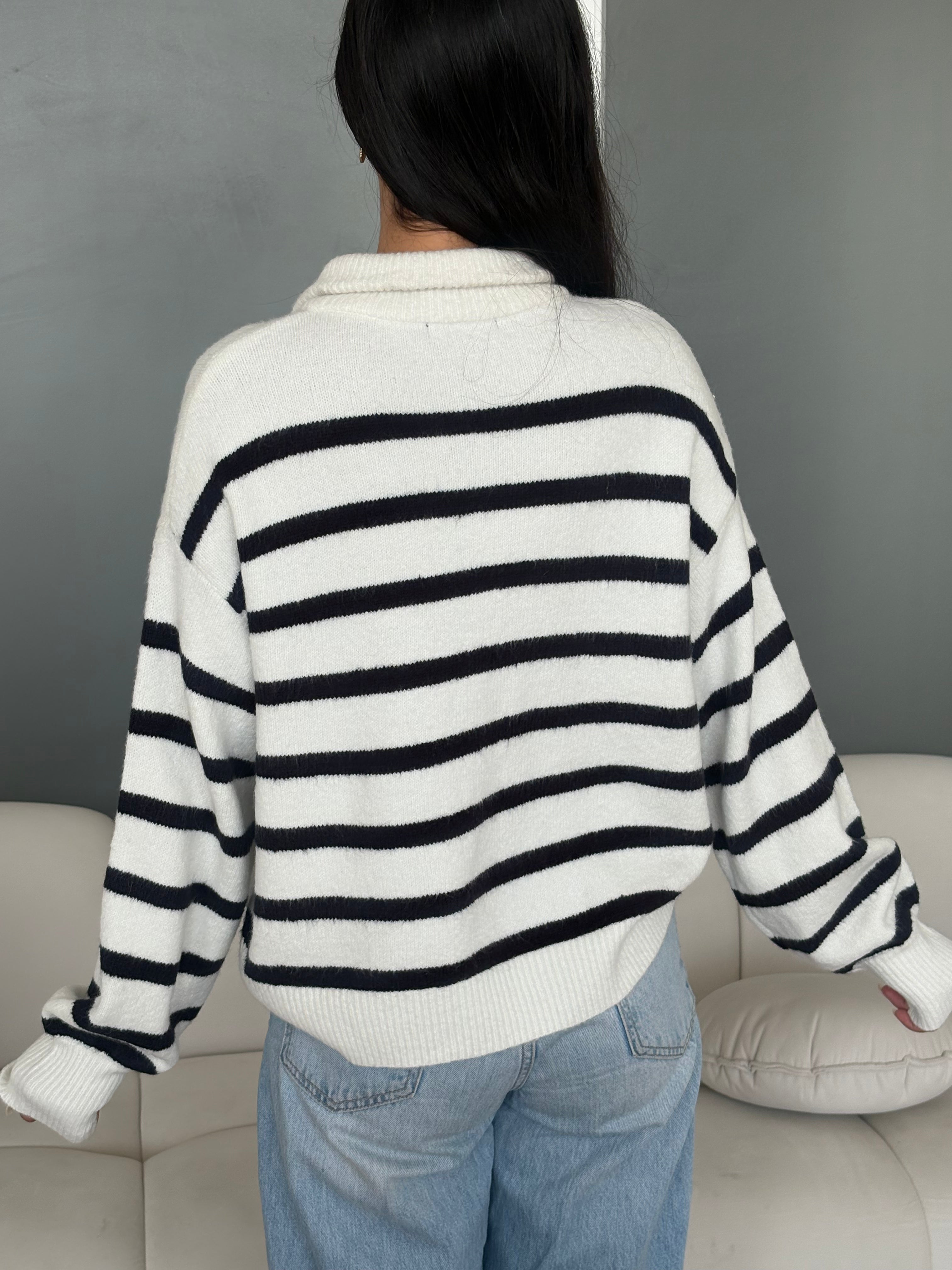 Collared Stripped Zipper Knit