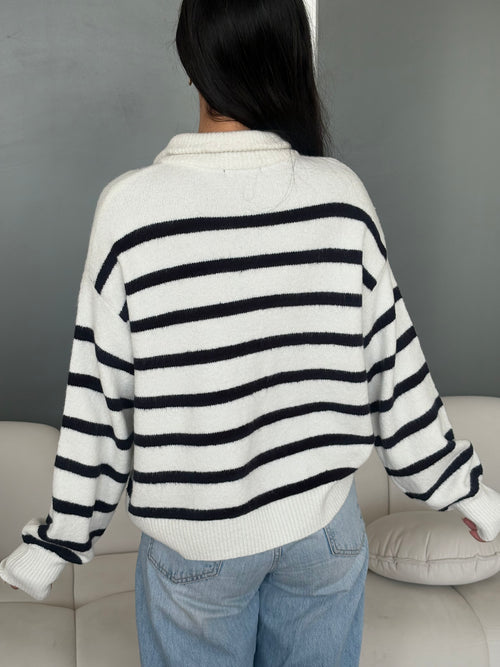 Collared Stripped Zipper Knit