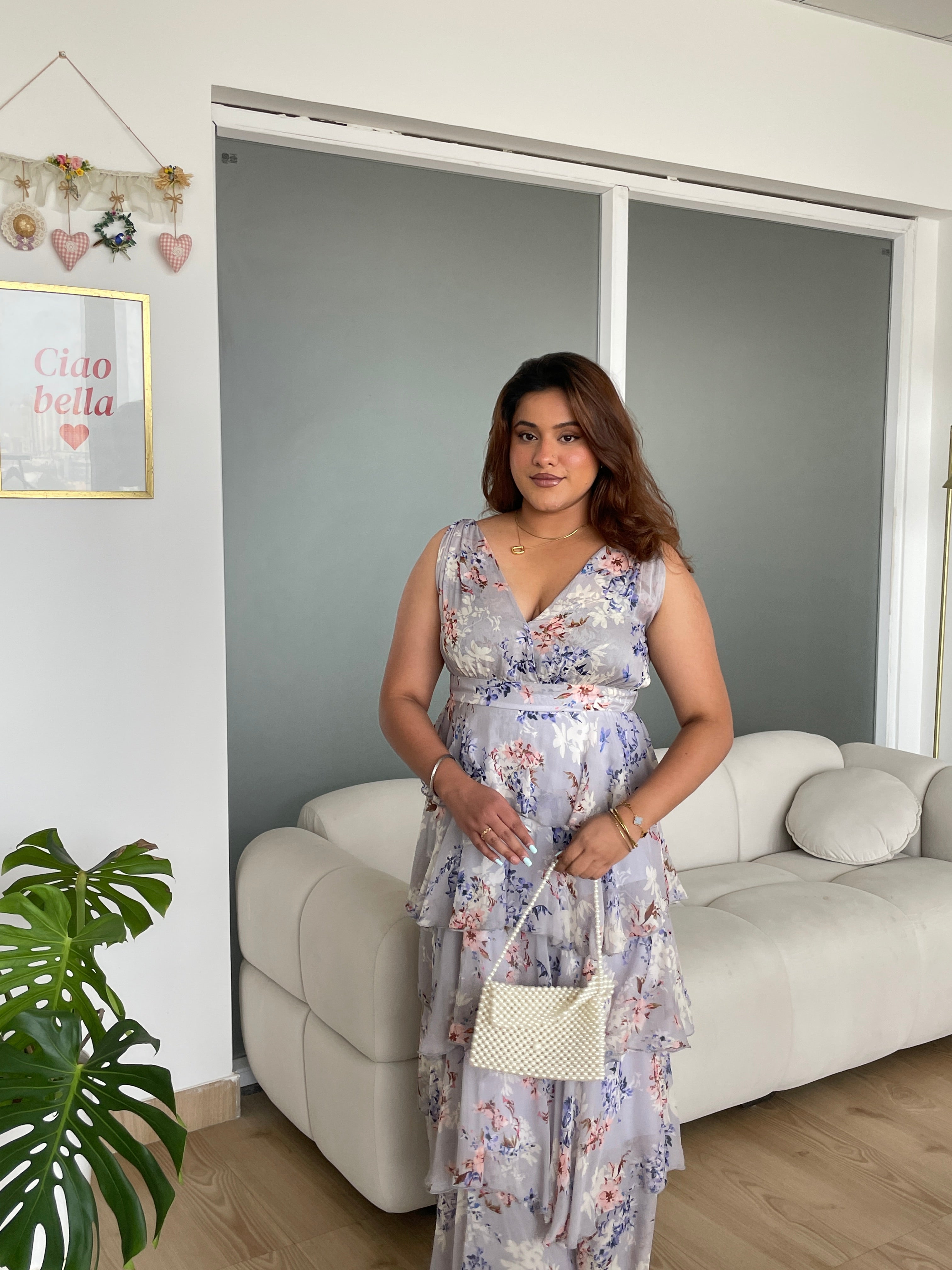 Arabelle Frill Dress in Grey Floral