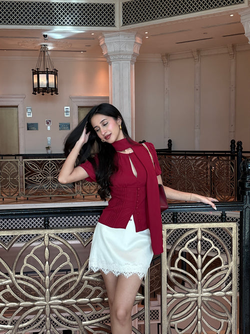 Sylvie Top with Scarf in Crimson