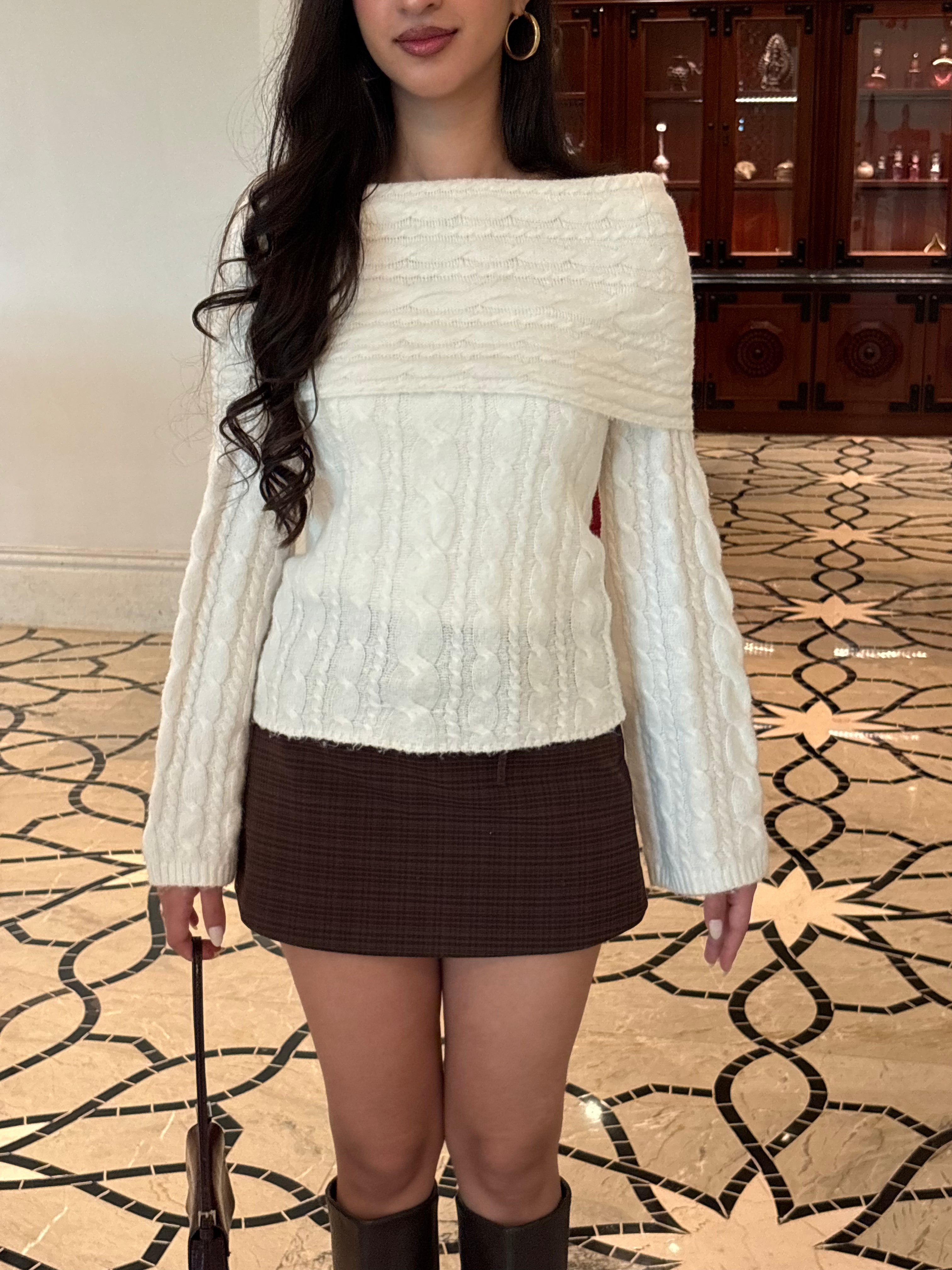 Fuzzy Cable-Knit Boat Neck Chunky Knit in Cream