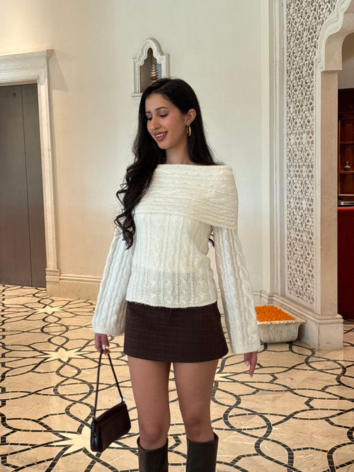 Fuzzy Cable-Knit Boat Neck Chunky Knit in Cream