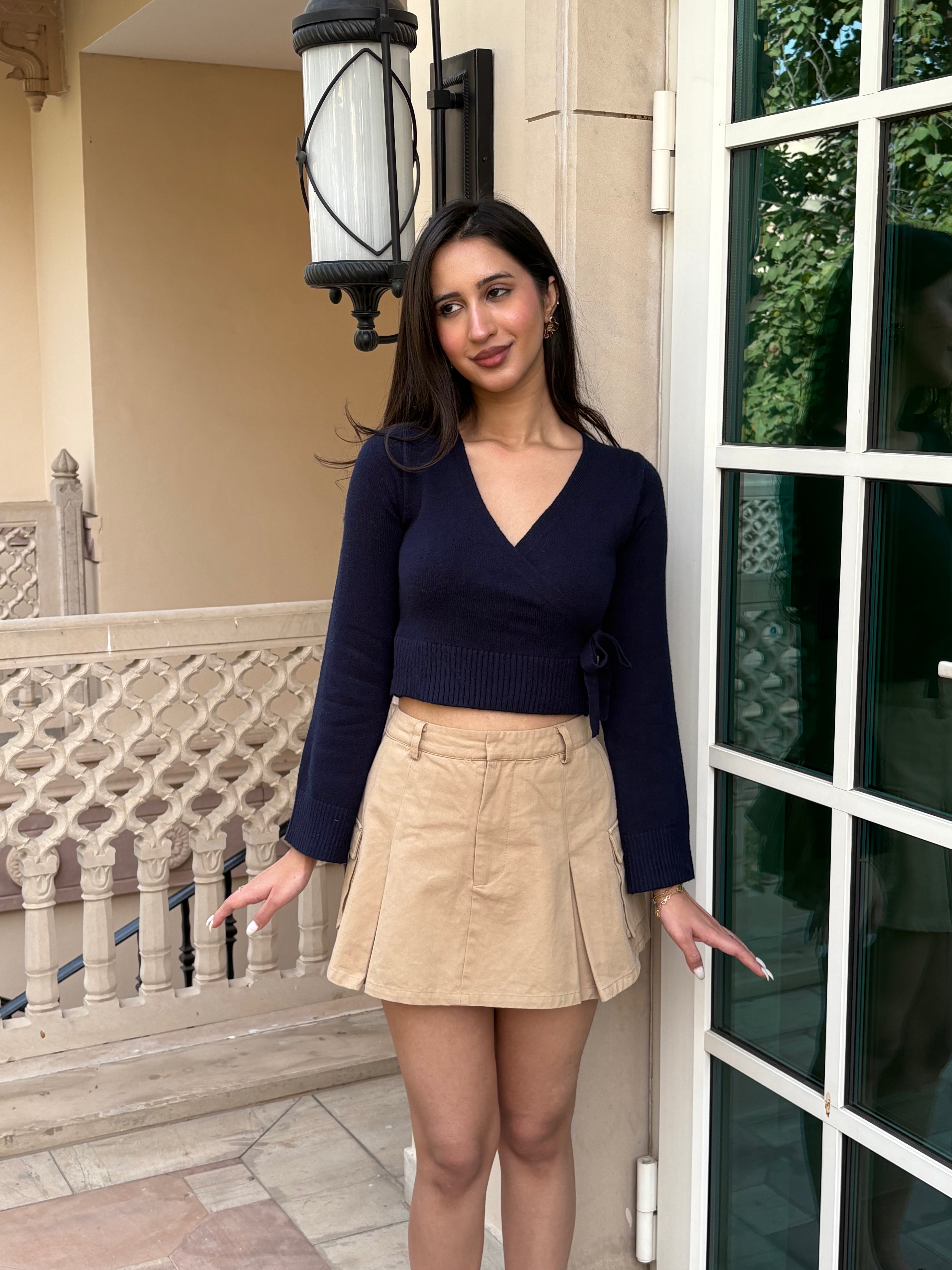 Cropped Wrap Pullover in Navy