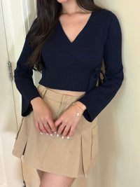 Cropped Wrap Pullover in Navy