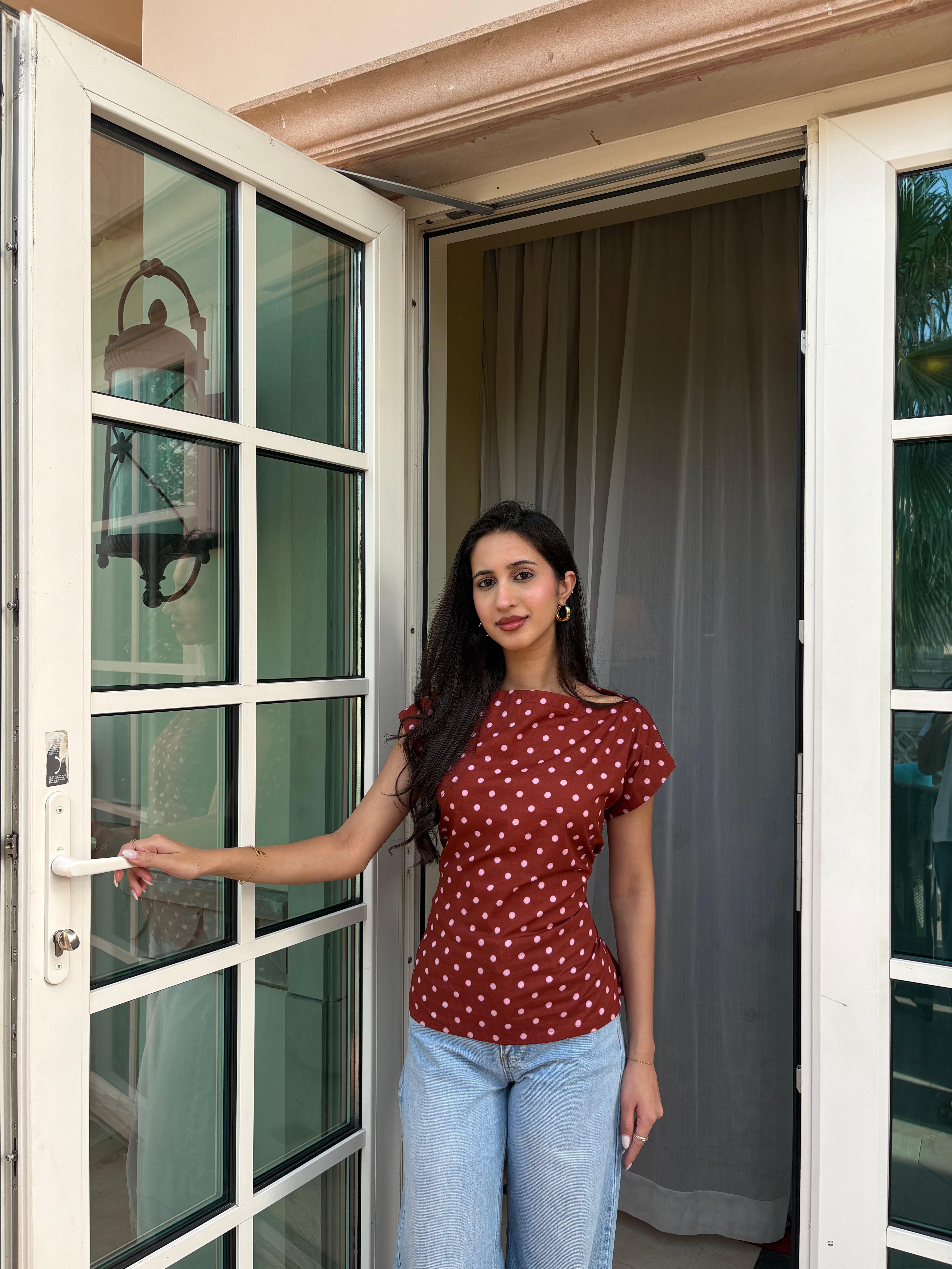 Lizzie Top in Brown Polka Dot