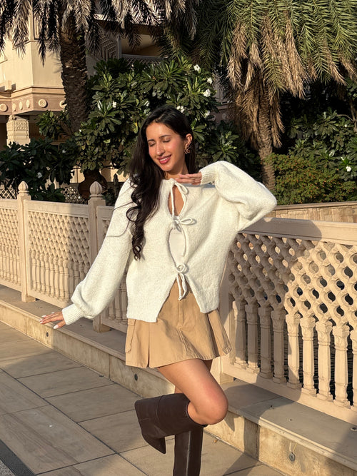 Cozy Tie-Up Cardigan in Cream