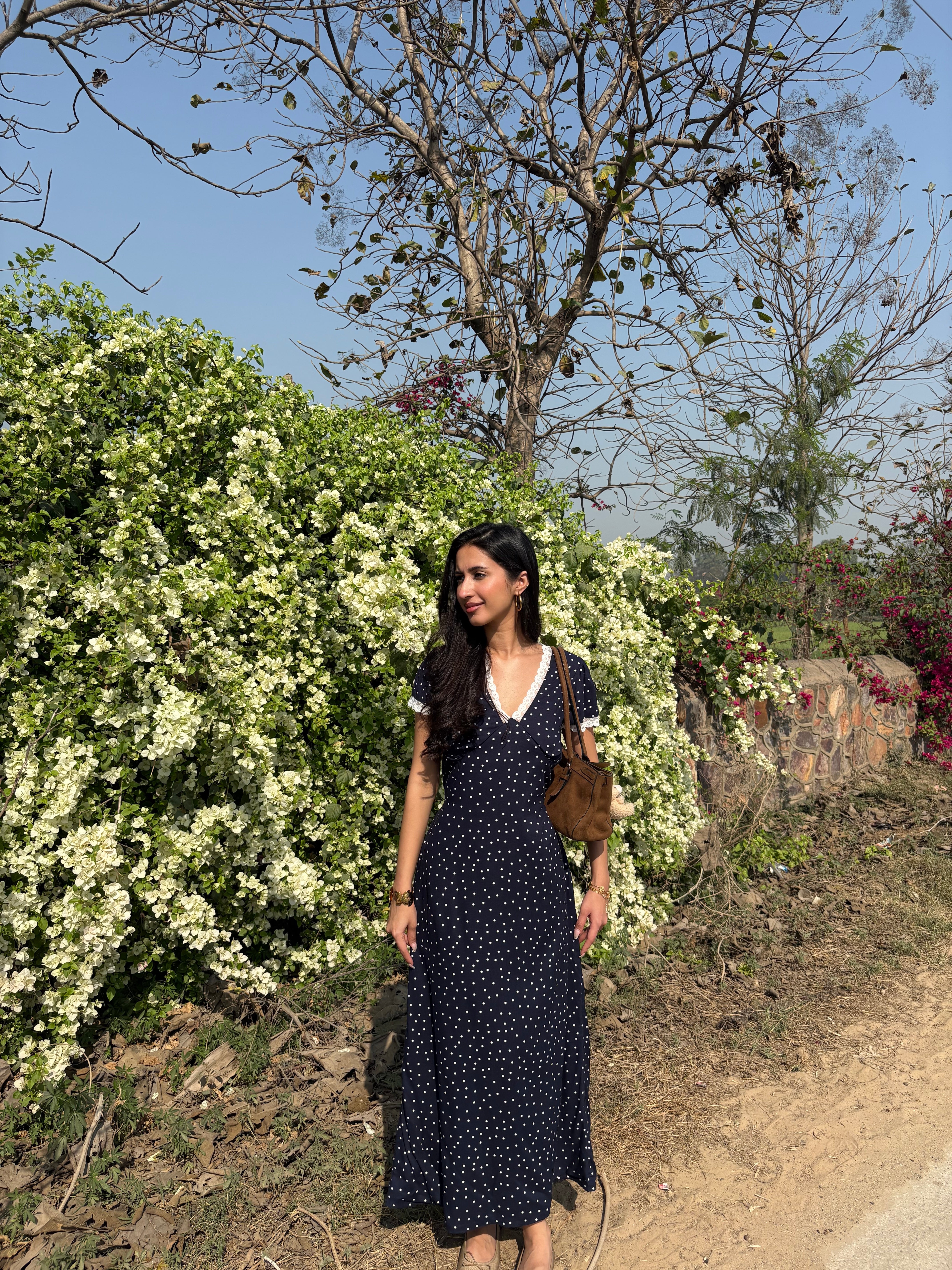 Eleanor Dress in Navy Polka Dot