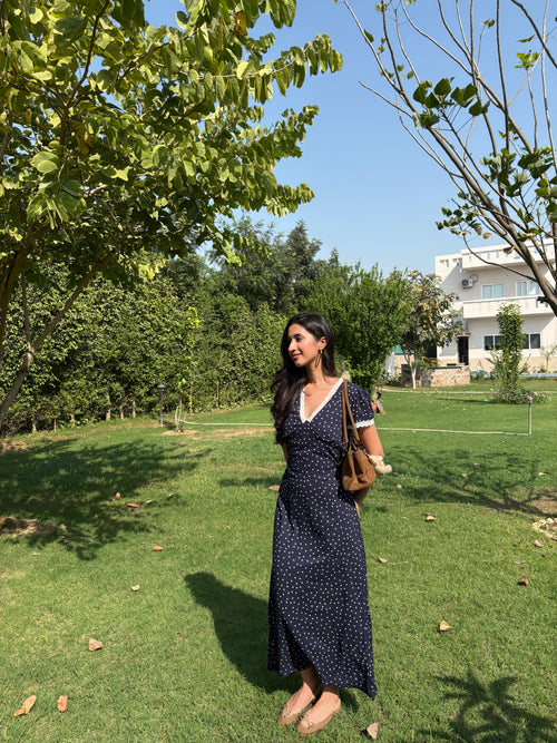 Eleanor Dress in Navy Polka Dot