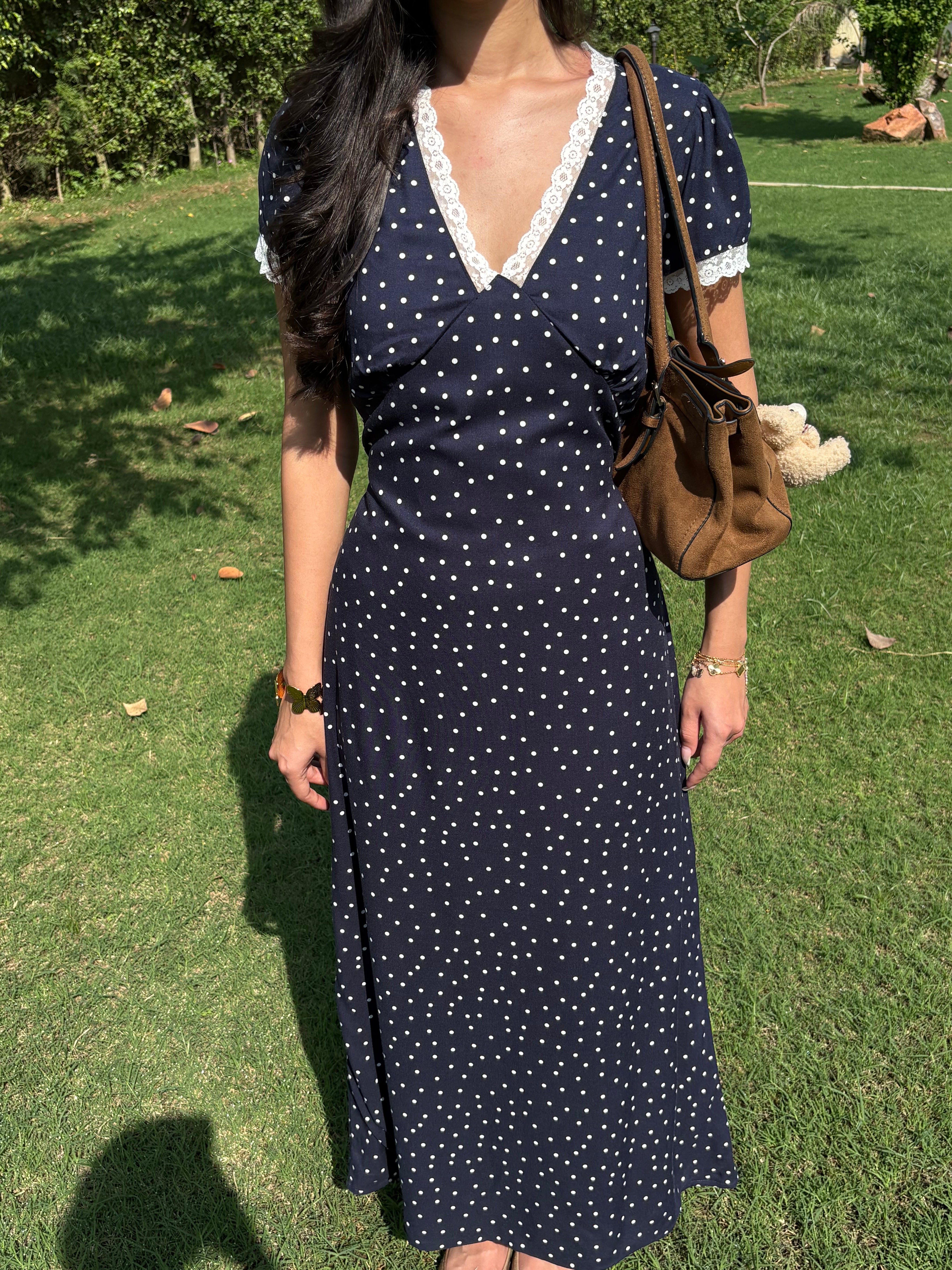 Eleanor Dress in Navy Polka Dot