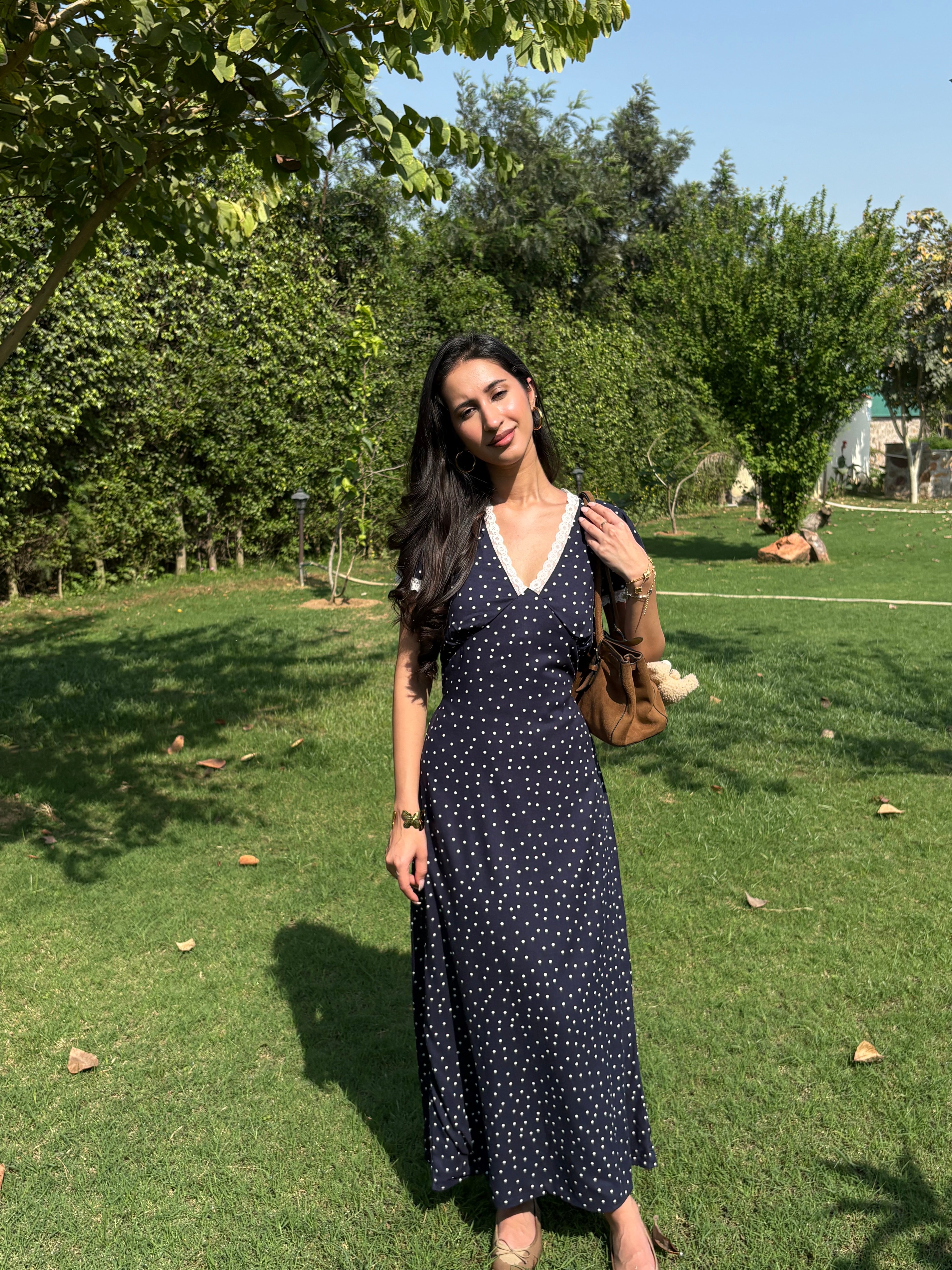 Eleanor Dress in Navy Polka Dot