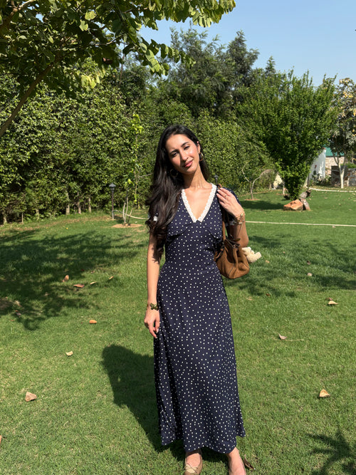 Eleanor Dress in Navy Polka Dot
