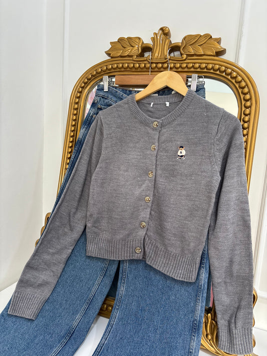 Teddy Embroidered Cardigan in Grey (S-L)