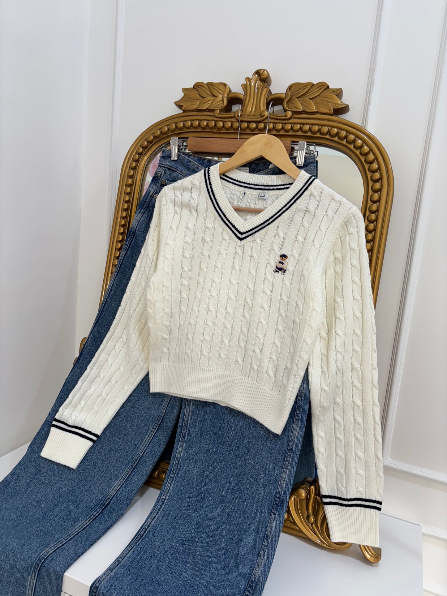 Teddy Embroidered Varsity Pullover in White (S-L)