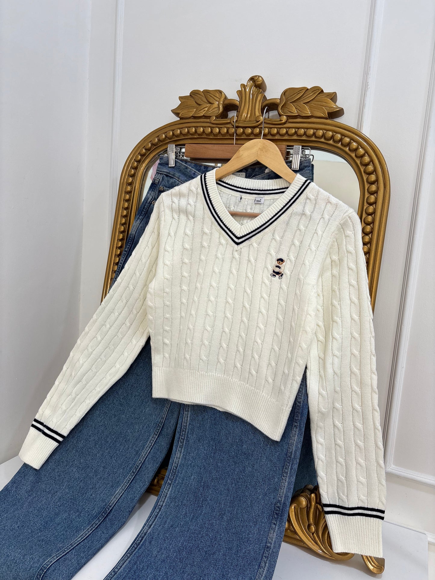 Teddy Embroidered Varsity Pullover in White (S-L)