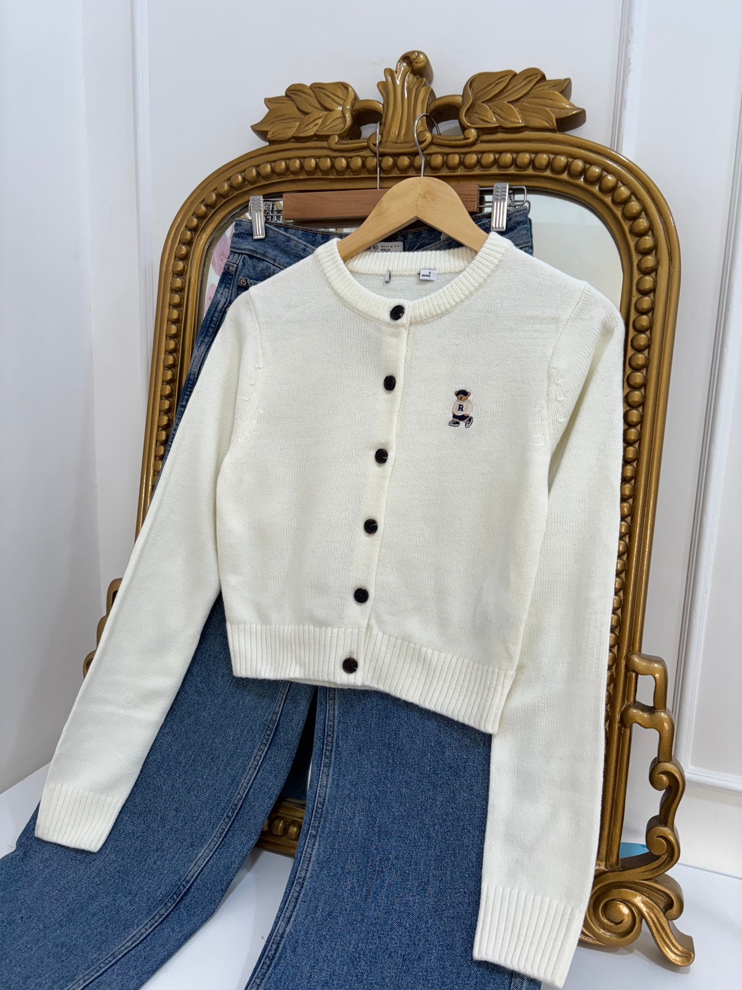 Teddy Embroidered Cardigan in Cream (S-L)