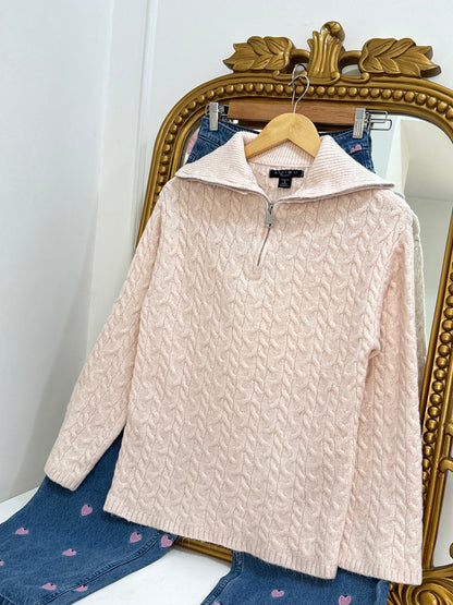 Pink Cable Knit Zip Pullover (XS-XL)