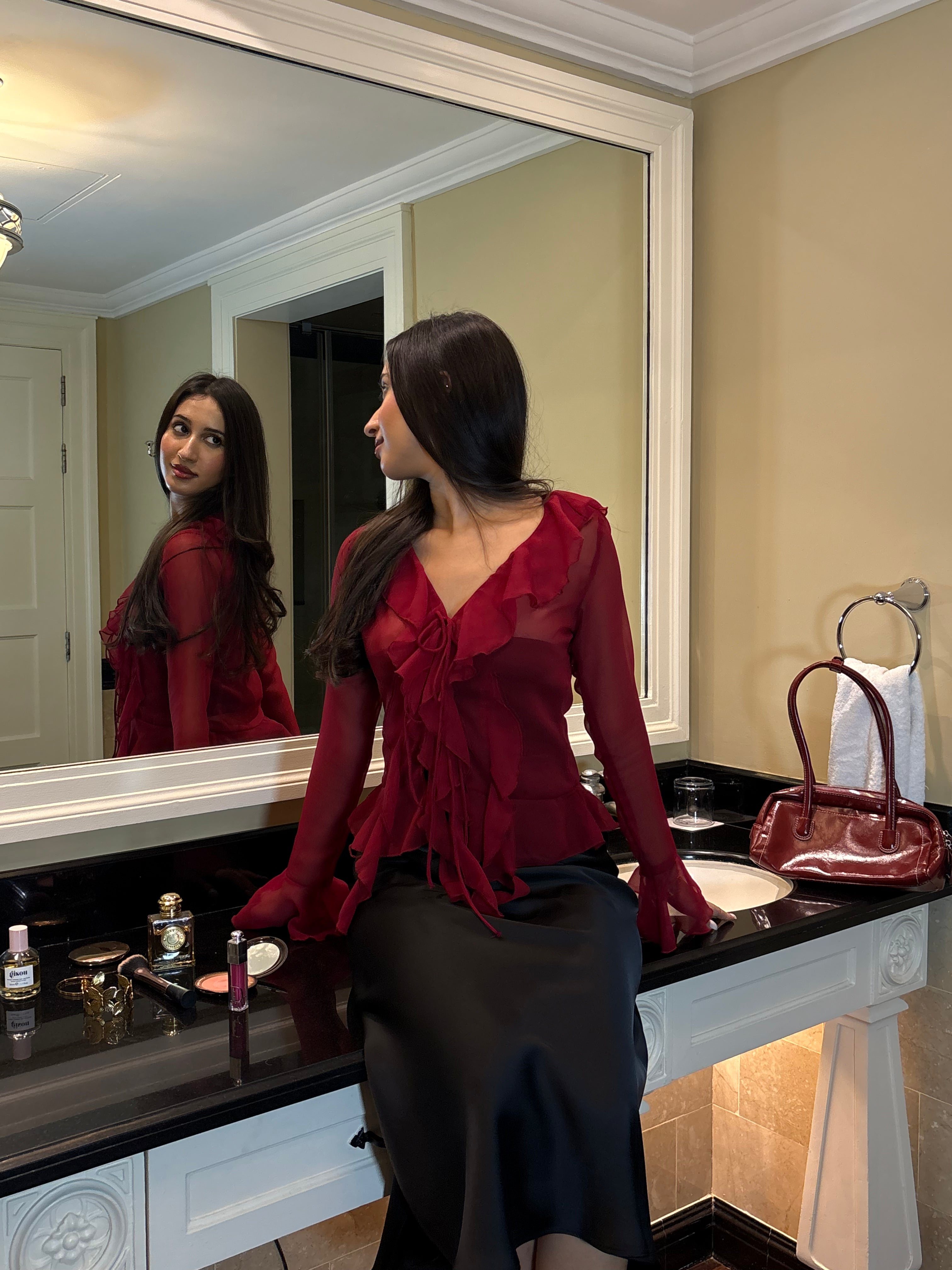 Juliette Ruffle Top in Crimson