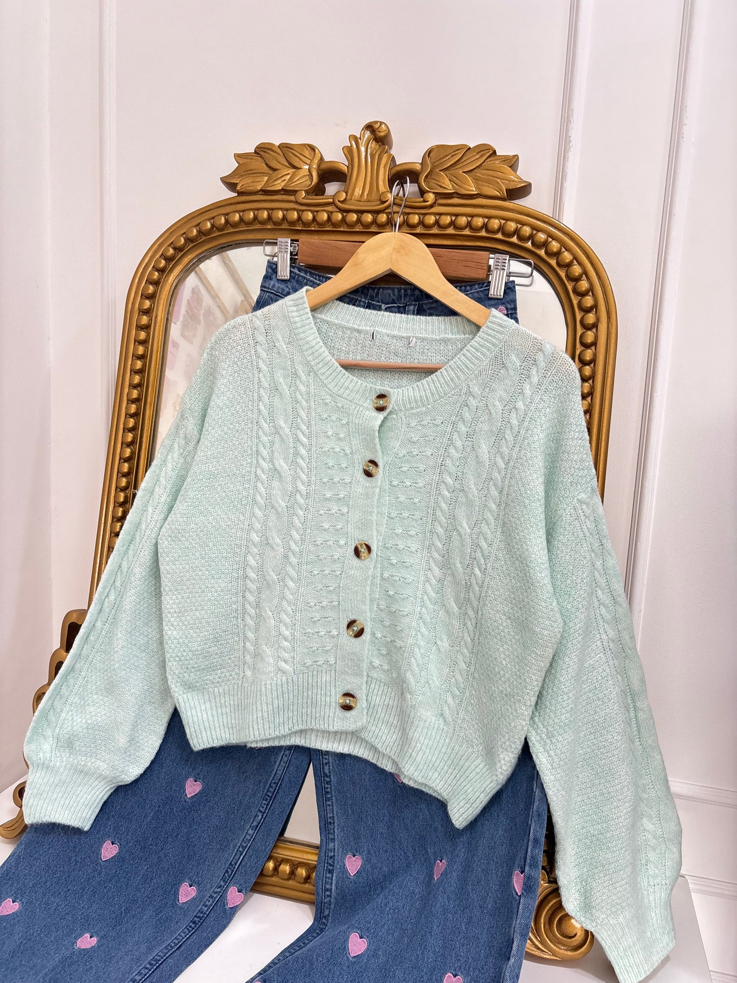 Carol Cable Knit Cardigan in Mint (M-2XL)