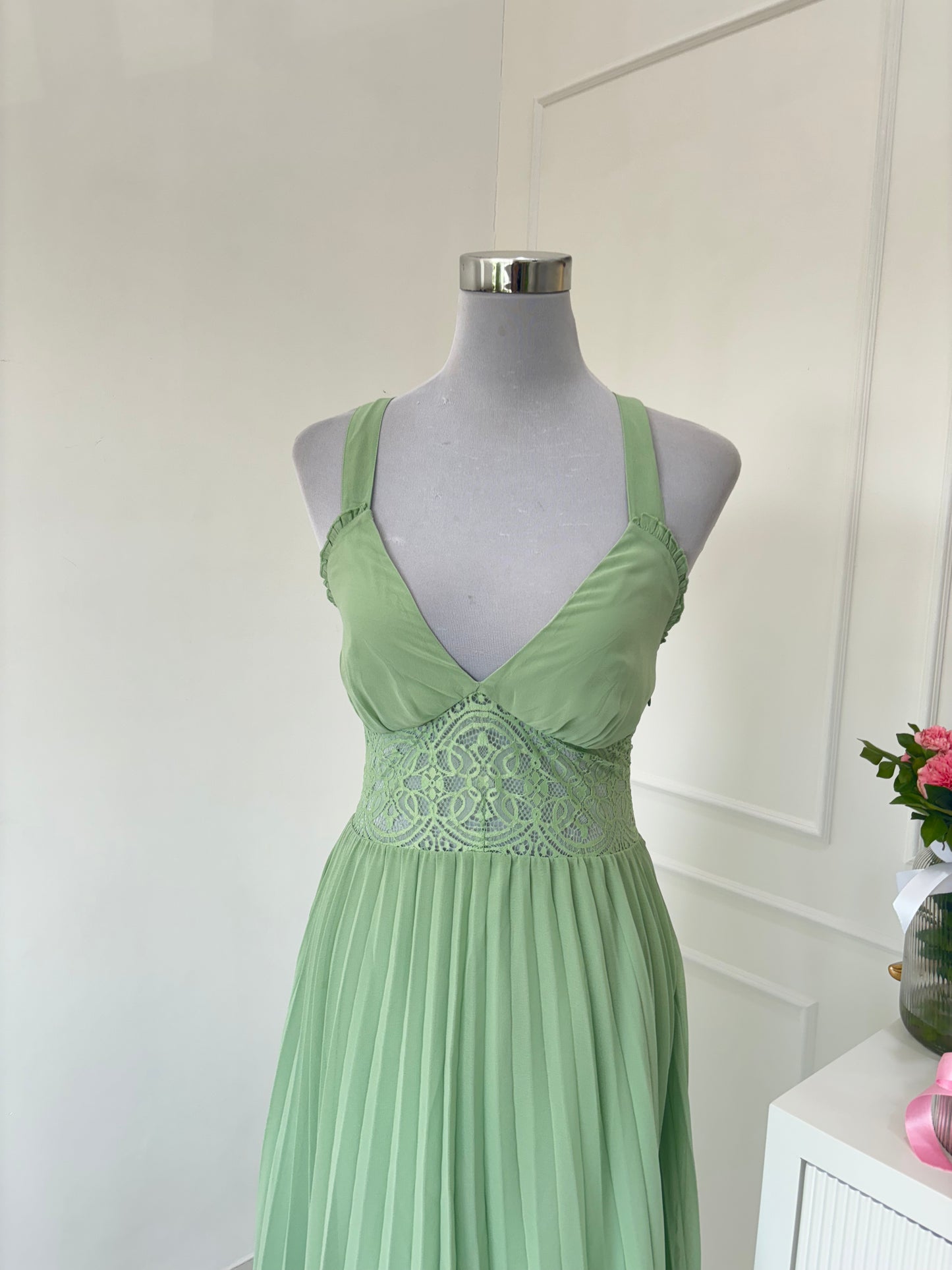 Sage Pleated Dress with Lace (S-L)