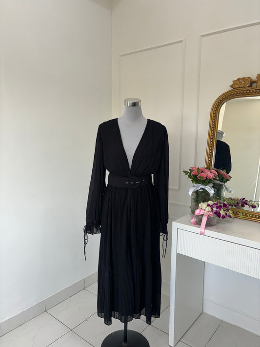 Black Pleated Belt Dress (S)