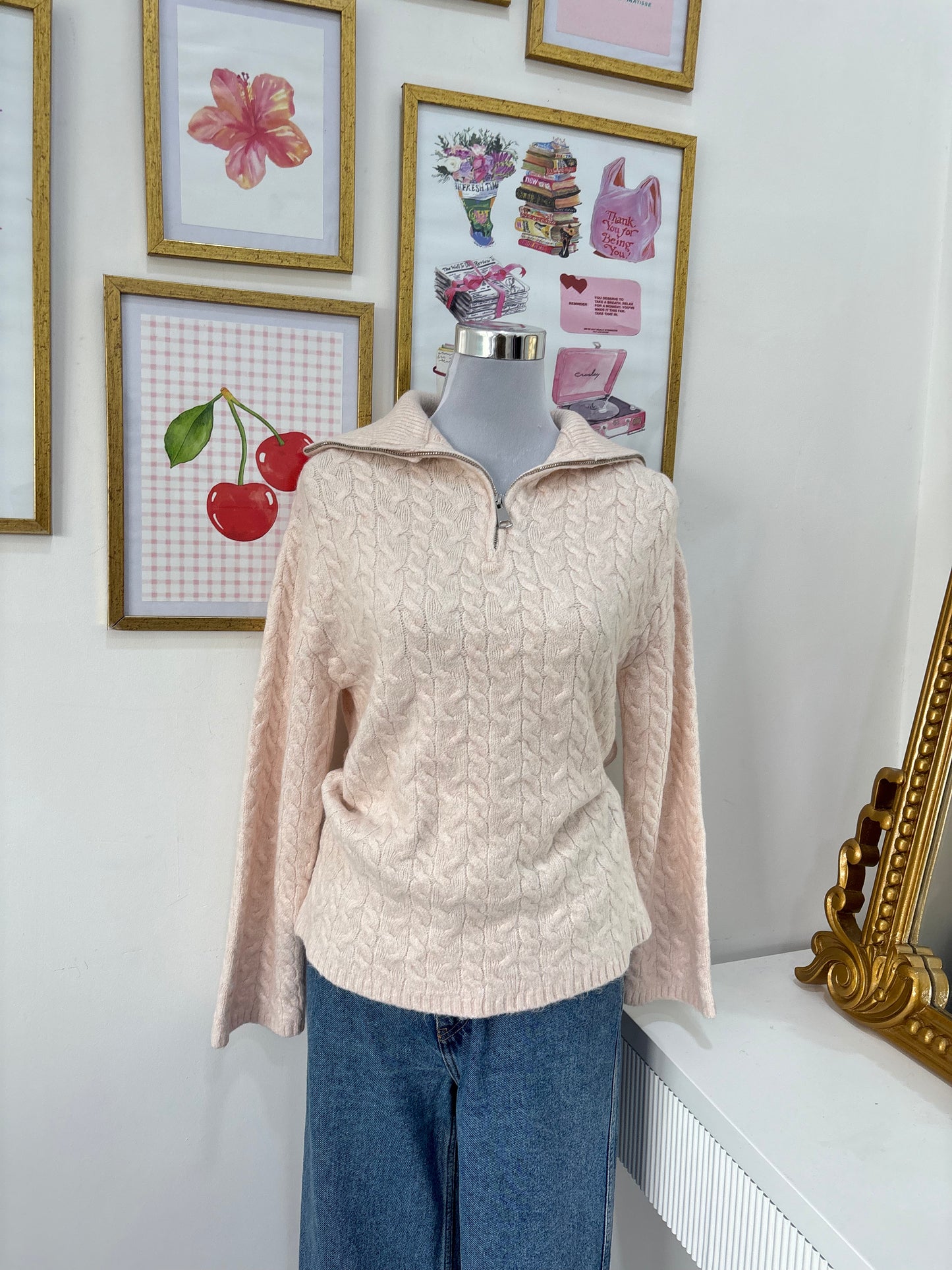 Pink Cable Knit Zip Pullover (XS-XL)