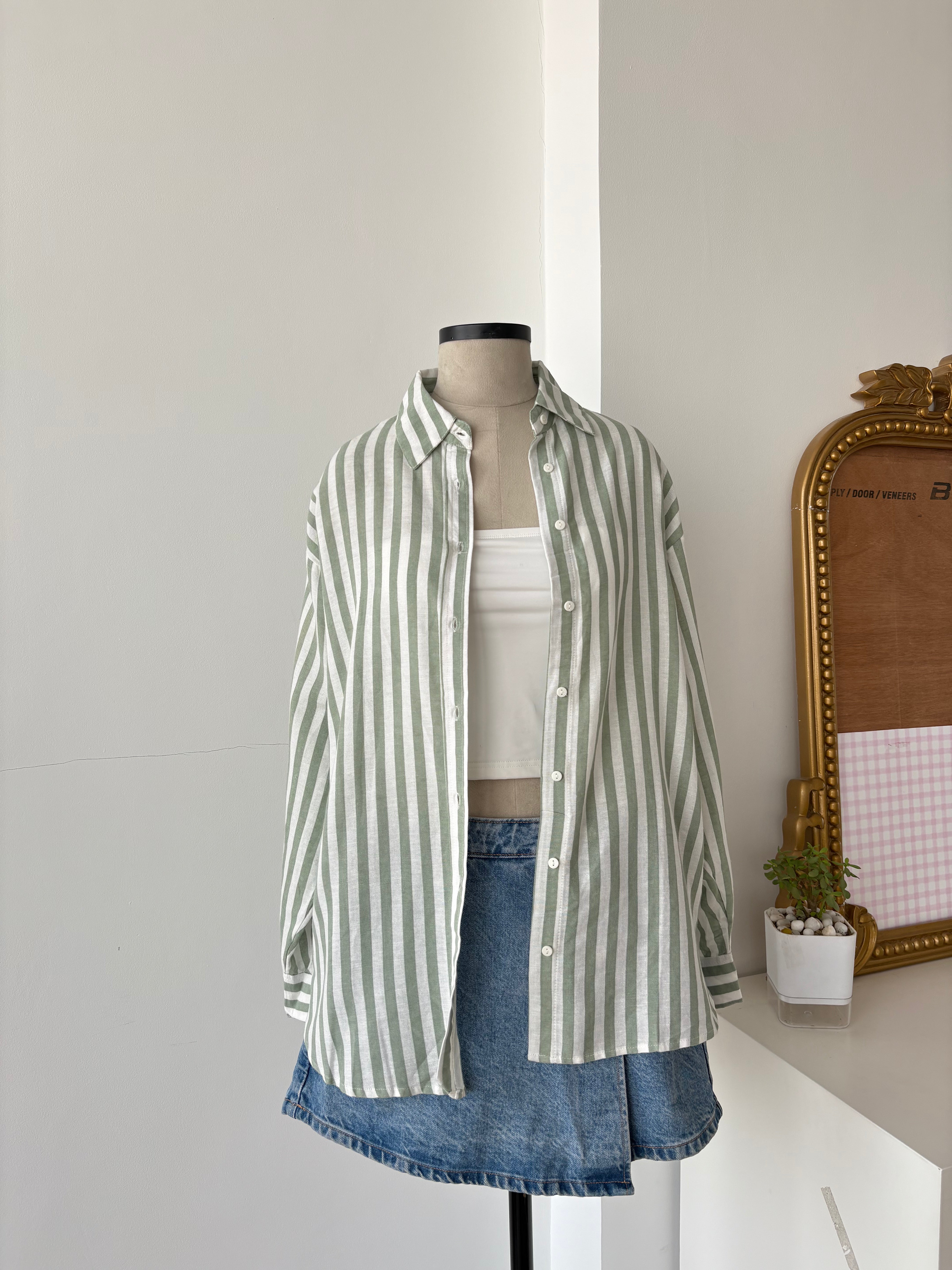 Linen Shirt in Green Striped (XS-XL)