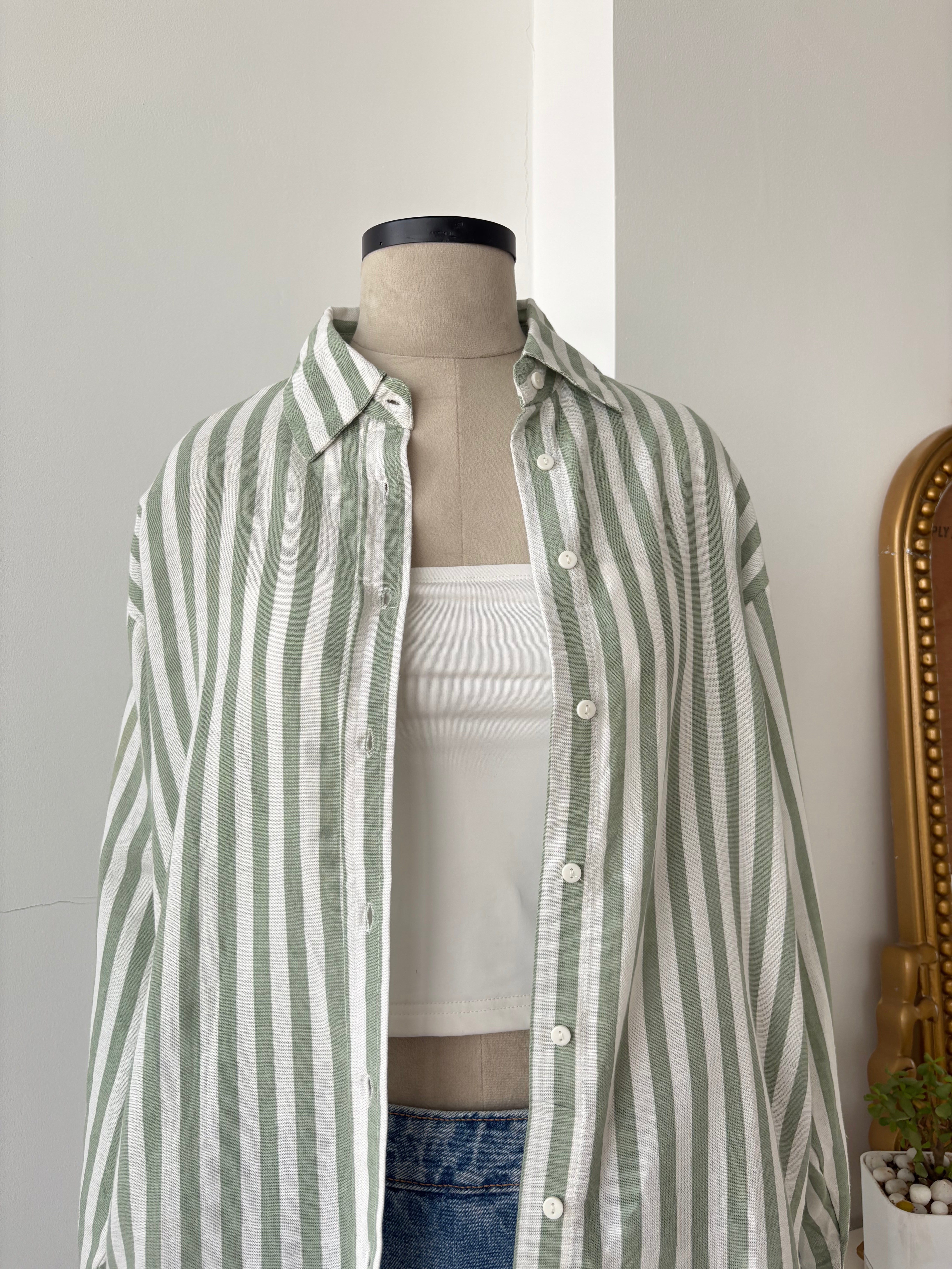 Linen Shirt in Green Striped (XS-XL)