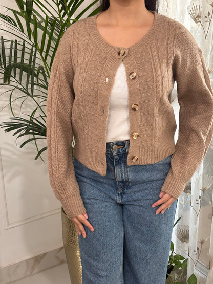 Carol Cable Knit Cardigan in Beige (S-2XL)