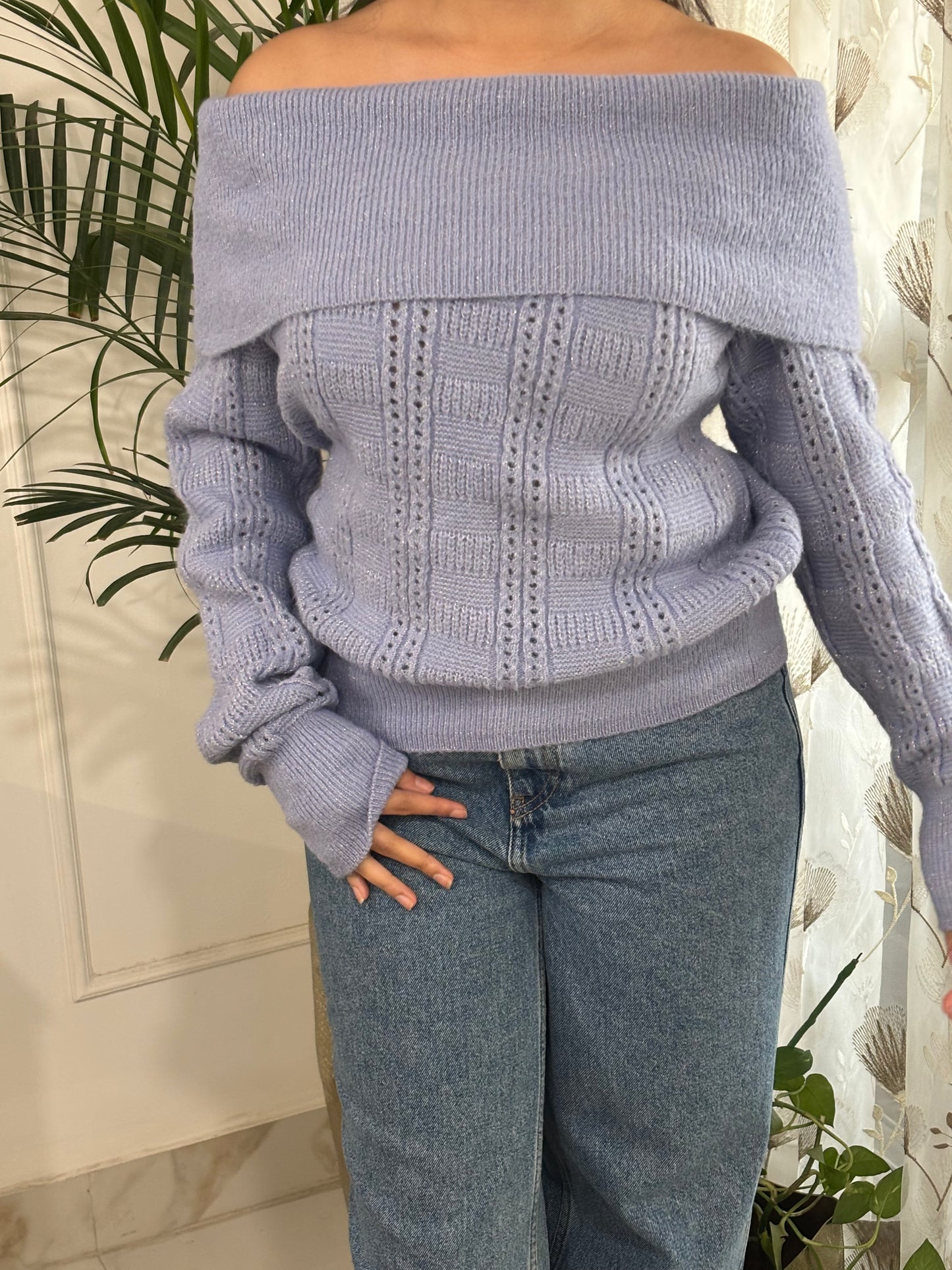 Peony Offshoulder Knit in Blue (S-2XL)