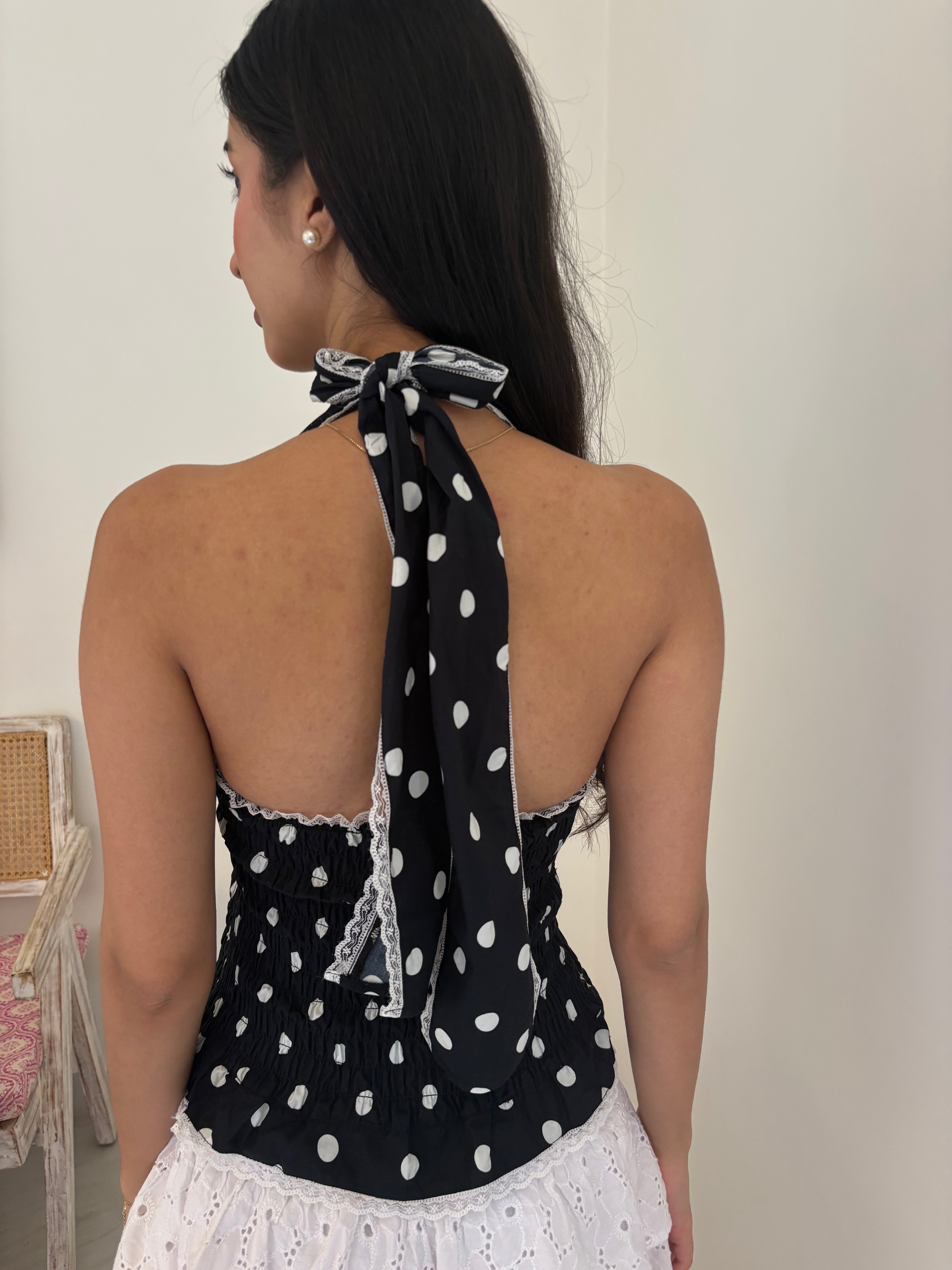 Madeline Polka Dot Halter Top in Black