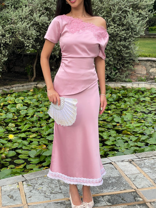 Camille Lace Satin Skirt in Blush
