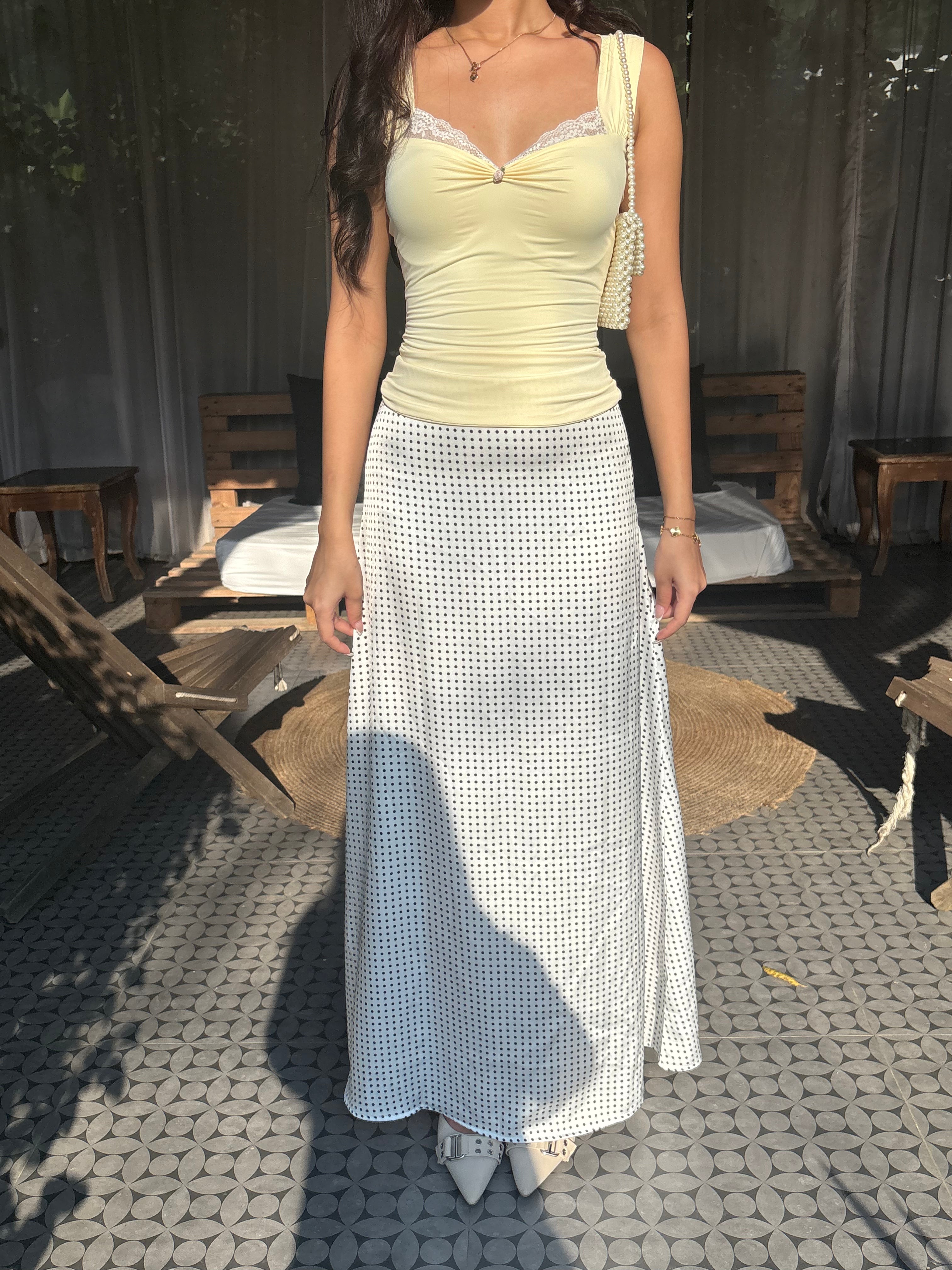 Celine Polka Dot Satin Skirt in White
