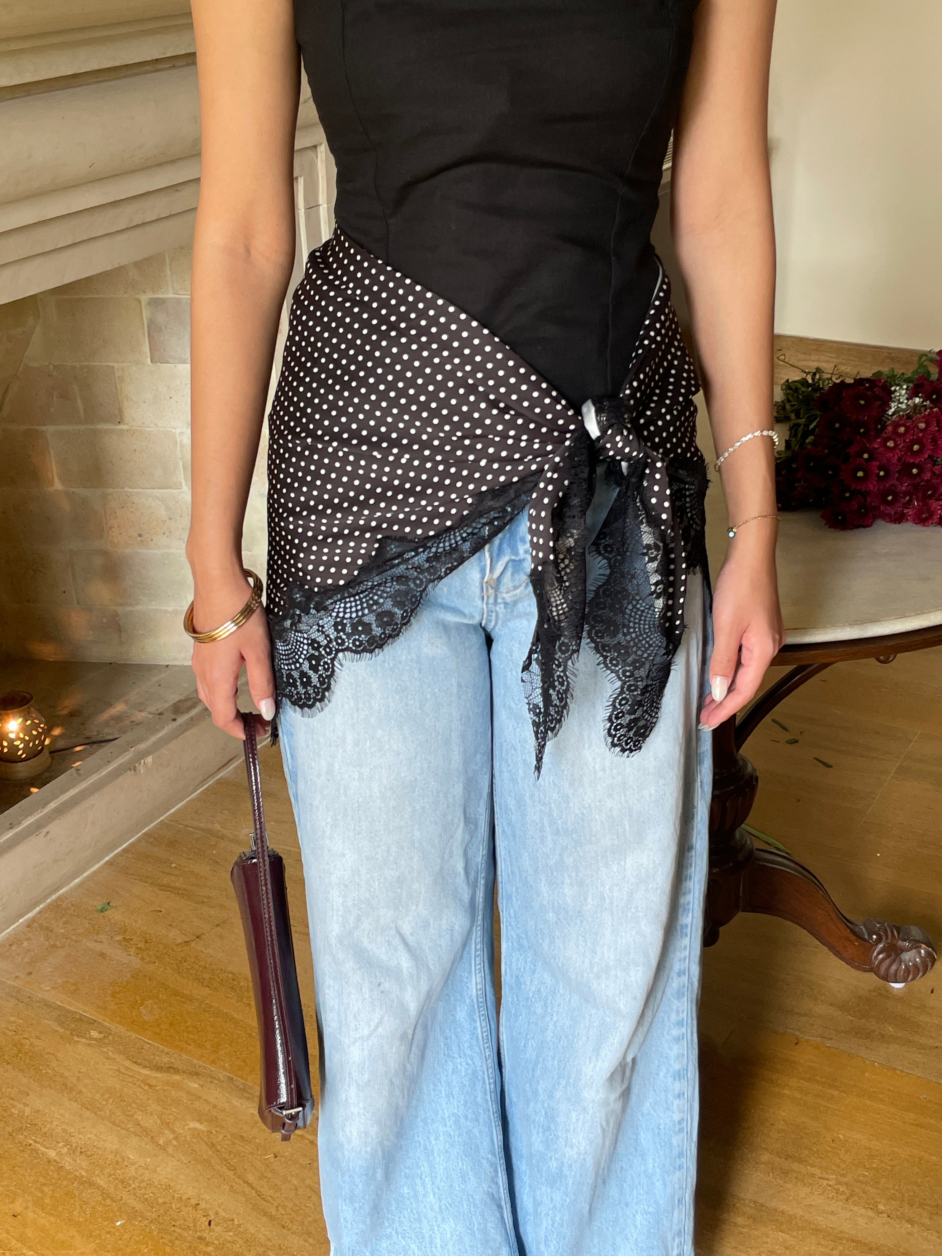 Celine Lace Satin Scarf in Black Polka Dot