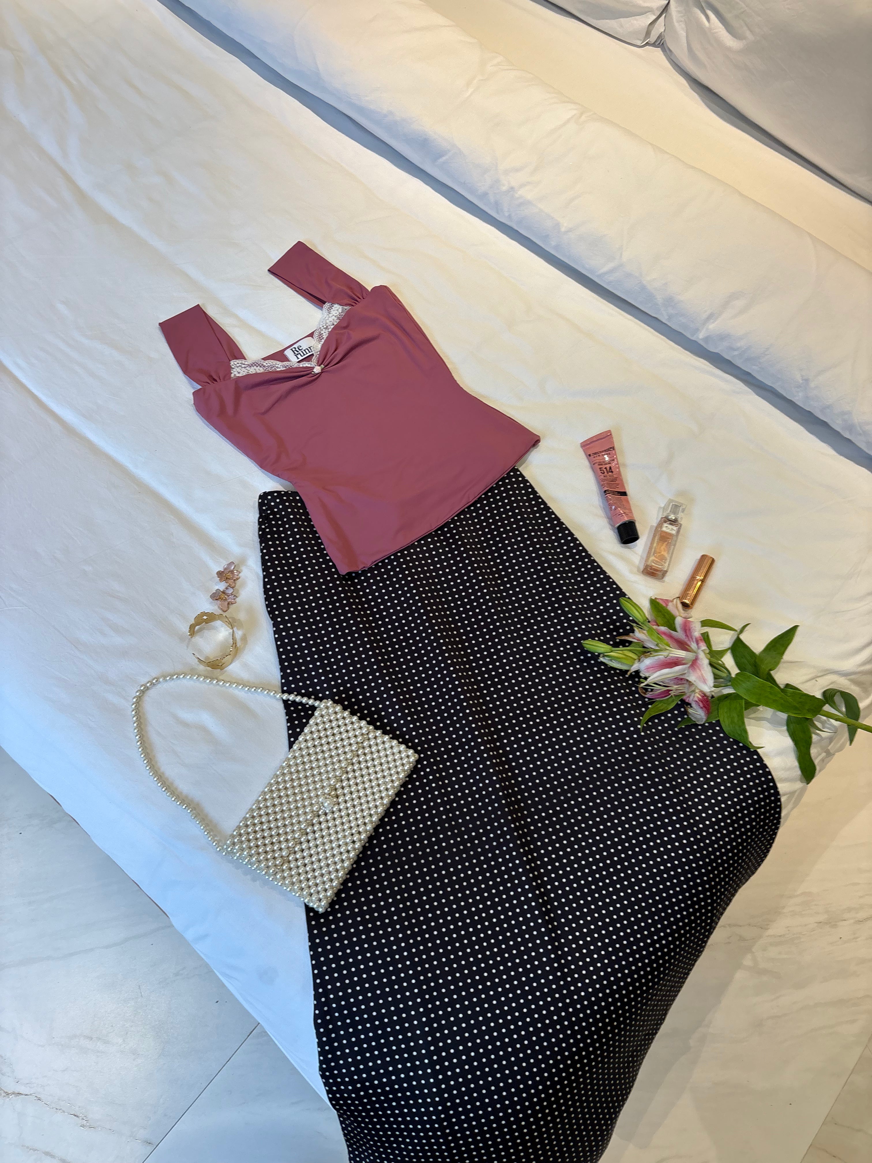 Celine Polka Dot Satin Skirt in Black