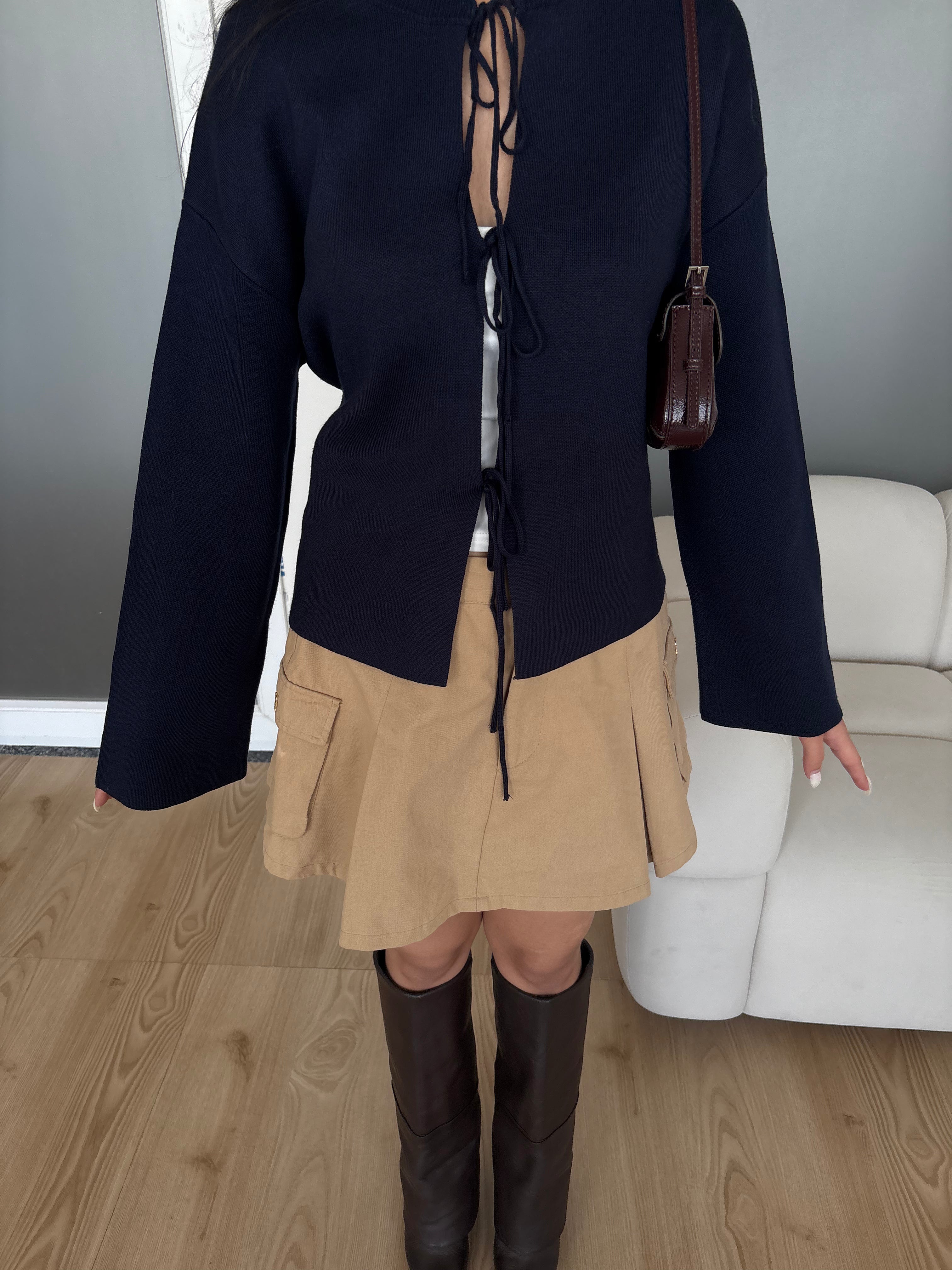 Vivi Tie-Up Cardigan in Navy Blue
