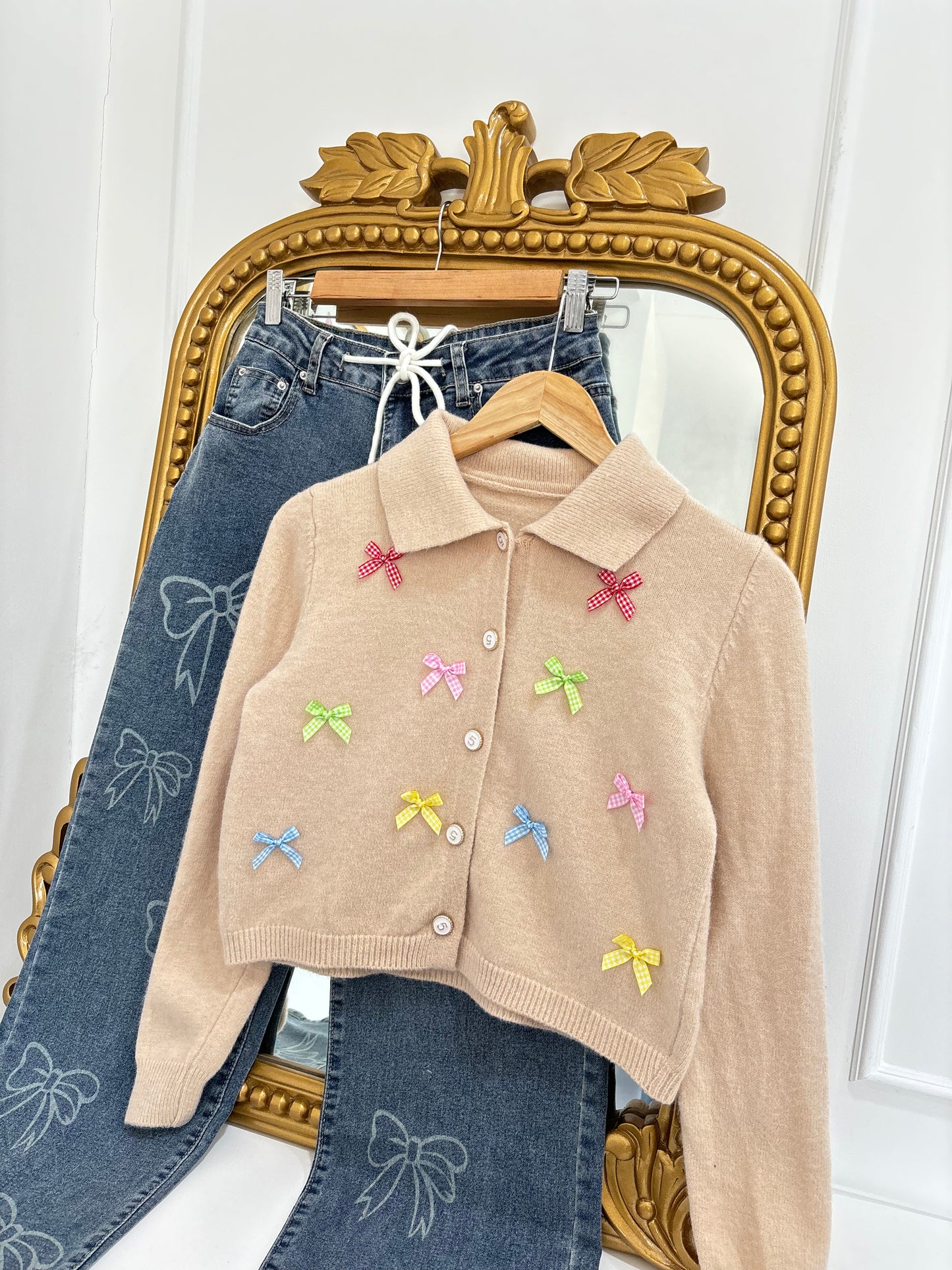 Bliss Bow Applique Cardigan in Beige (Free Size)