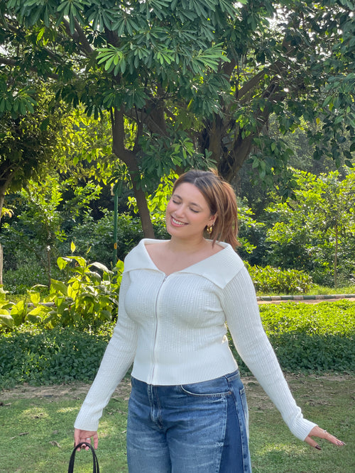 Cable Knit Zip Cardigan in Cream