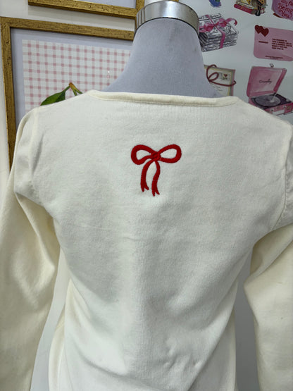 Amelia White Bow Embroidered Cardigan with Heart Buttons (Free Size)