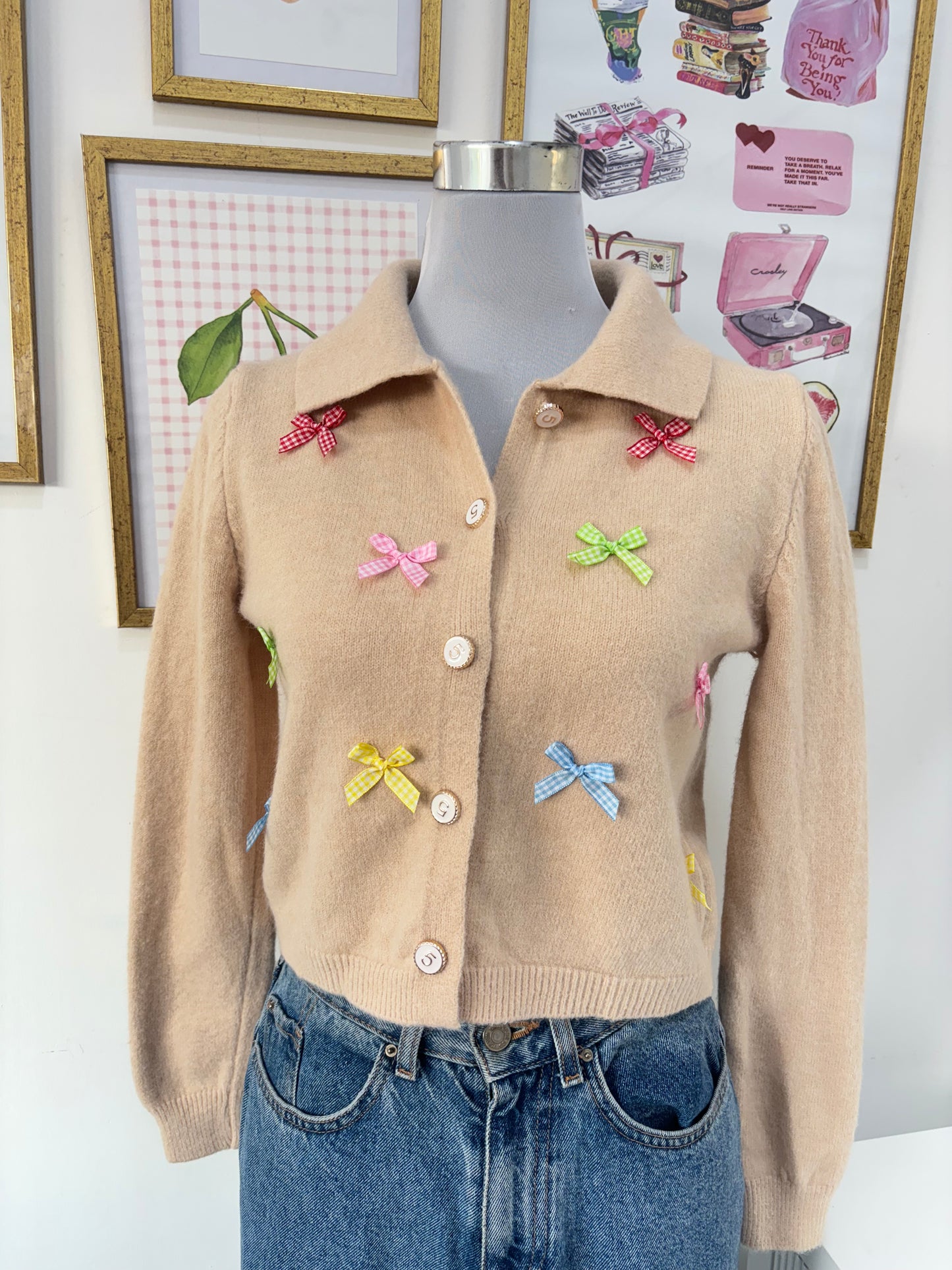 Bliss Bow Applique Cardigan in Beige (Free Size)