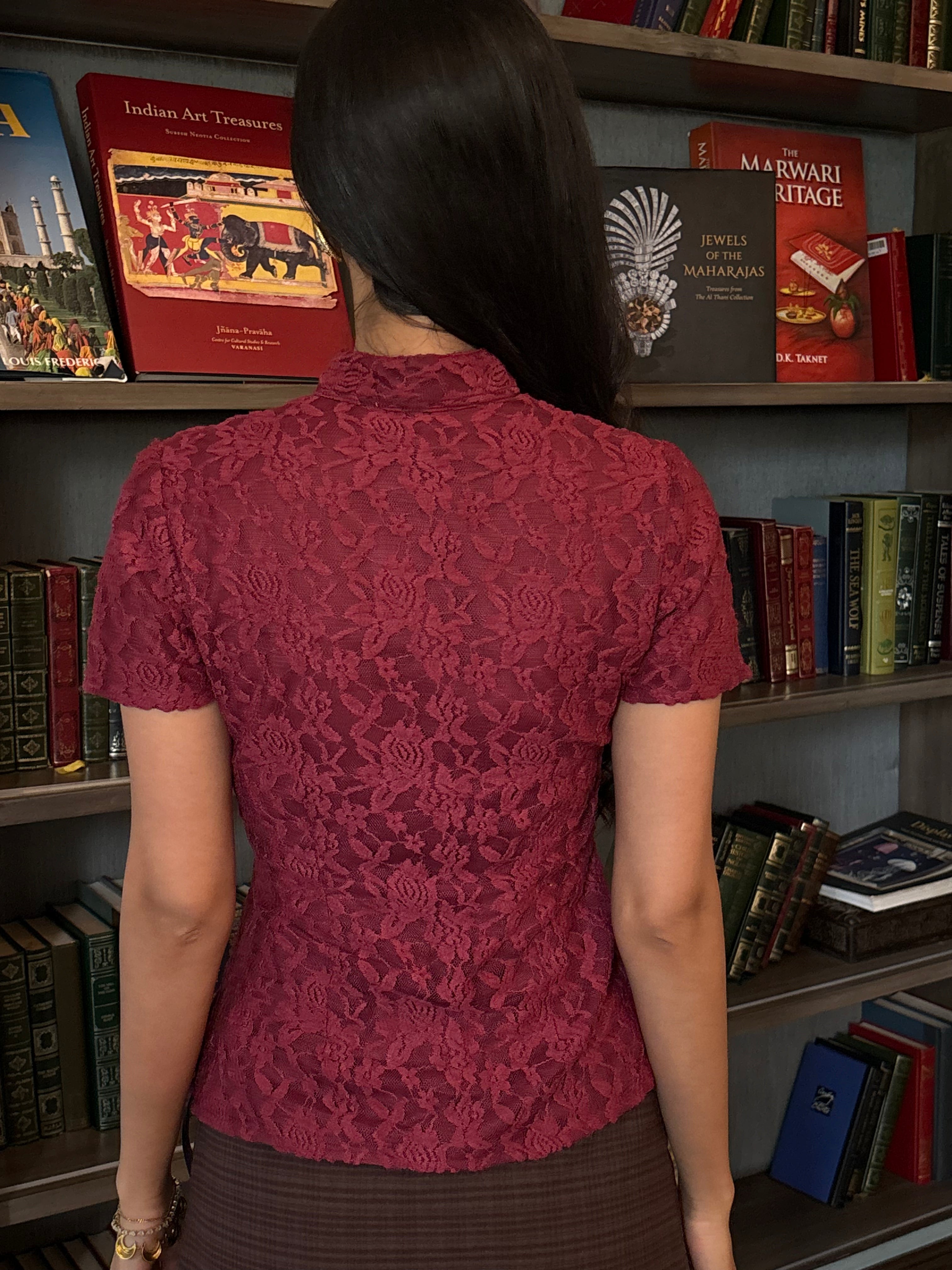 Mandarin Lace Top in Burgundy
