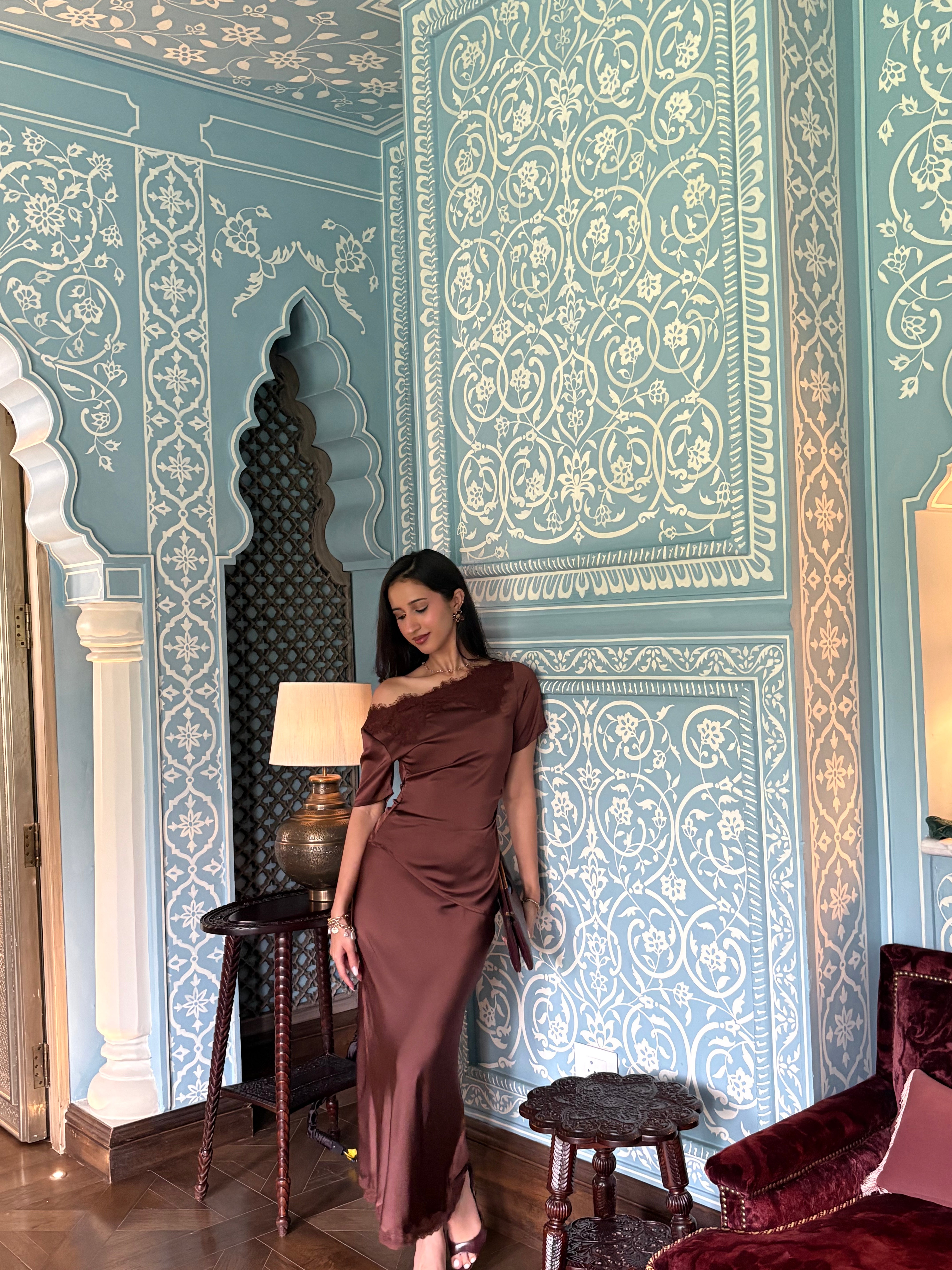 Camille Lace Satin Skirt in Espresso