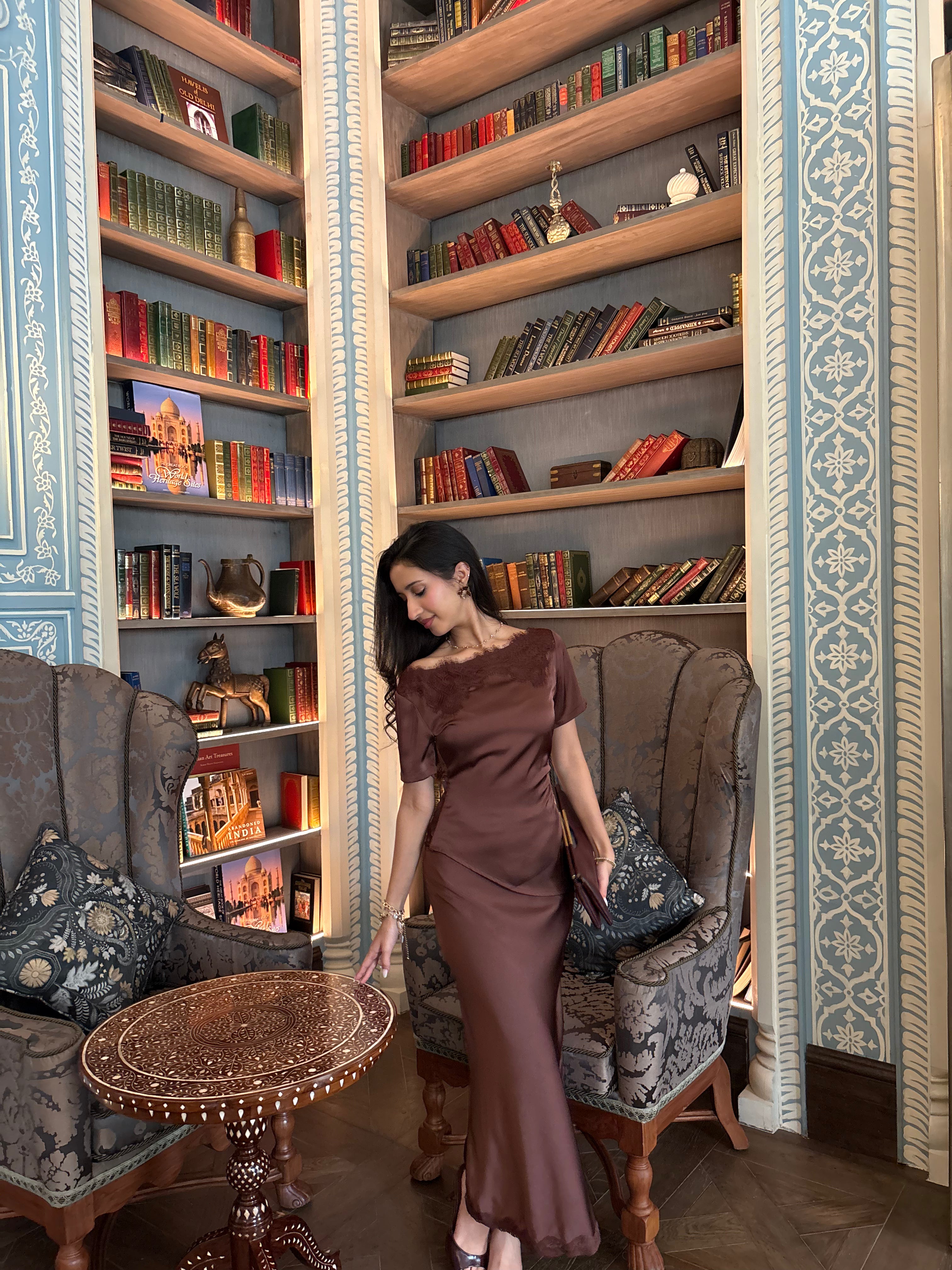 Camille Lace Satin Skirt in Espresso