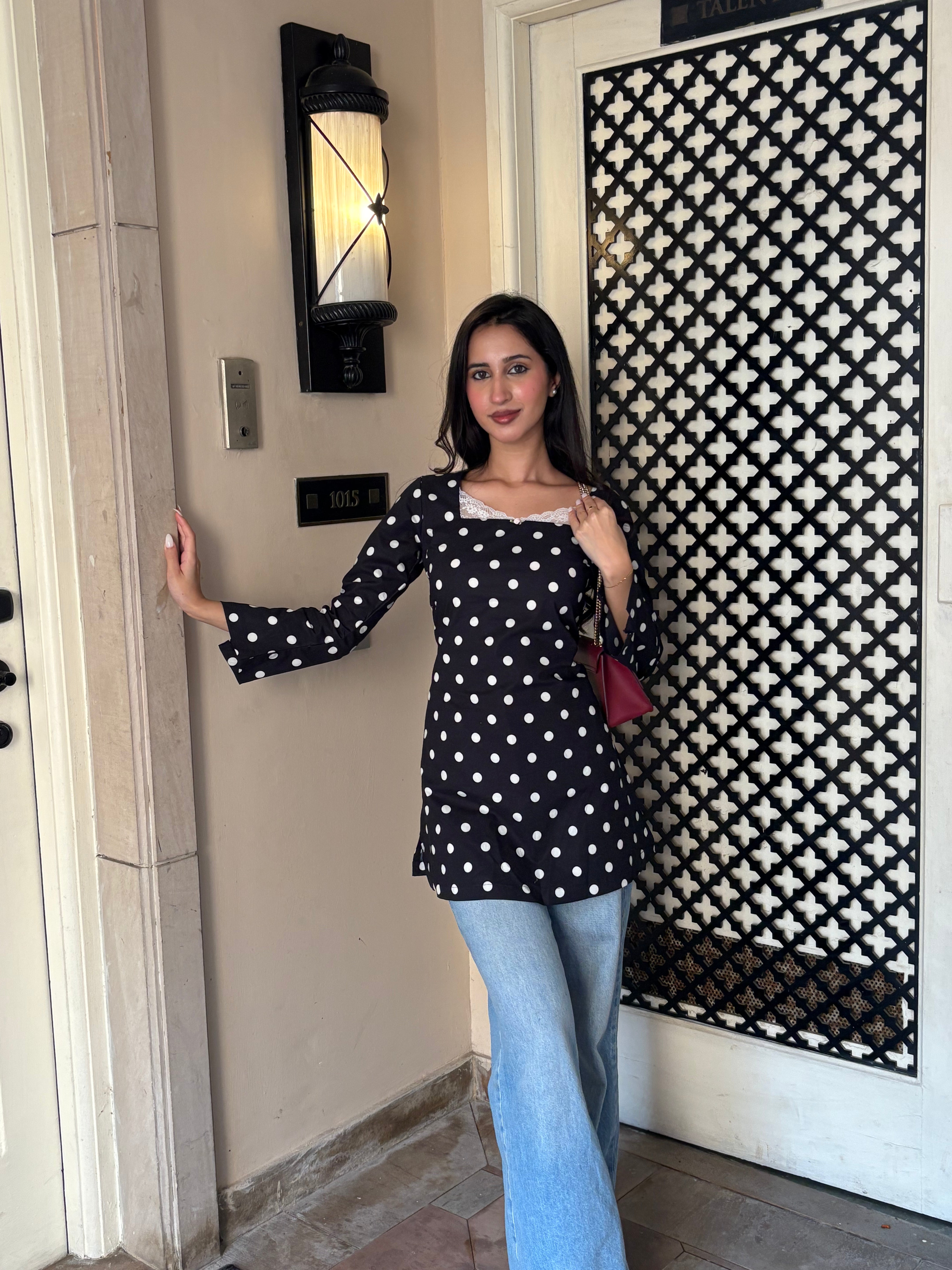 Pari Cotton Lace Kurti in Polka Dot