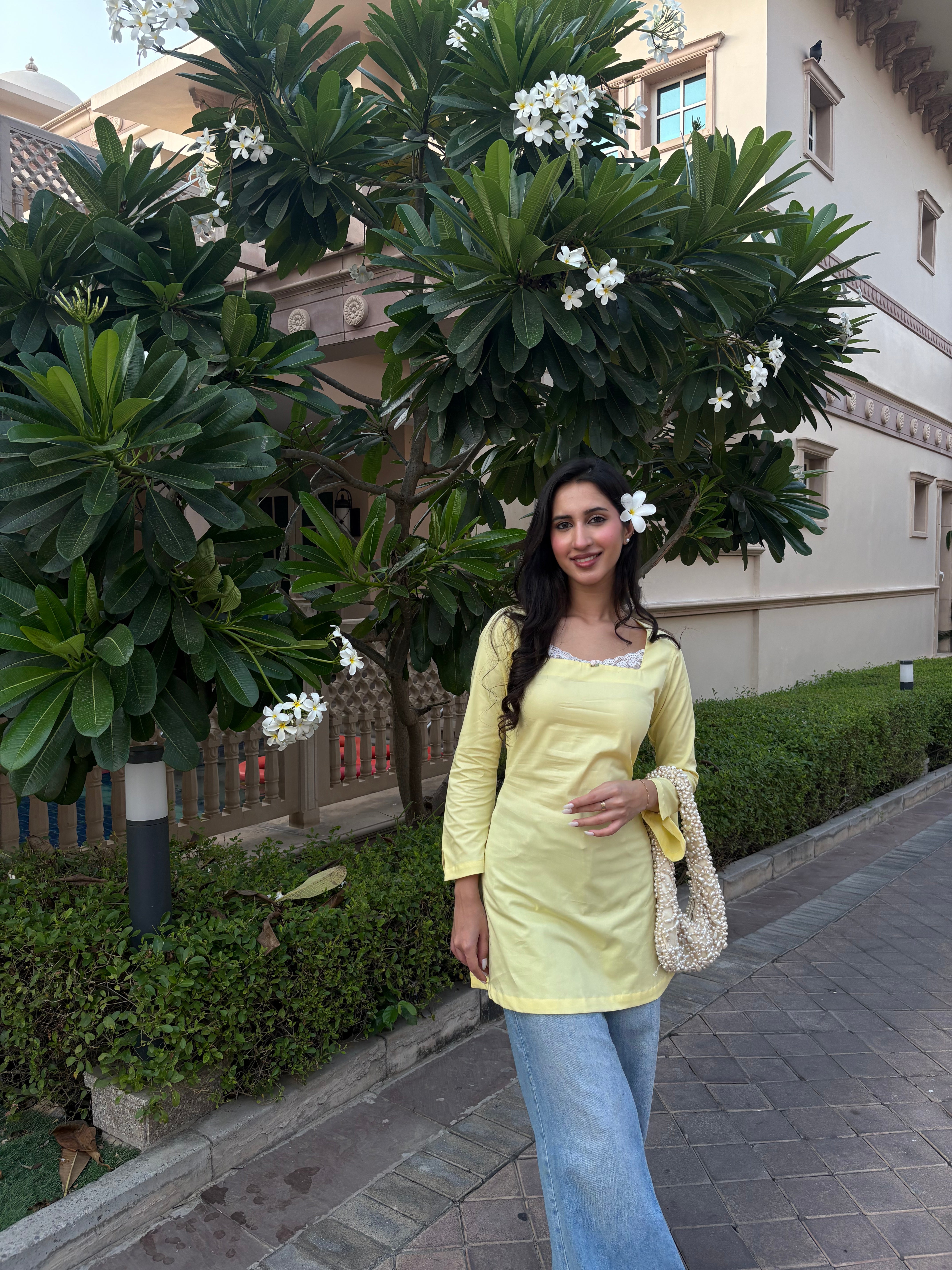 Pari Cotton Lace Kurti in Butter Yellow