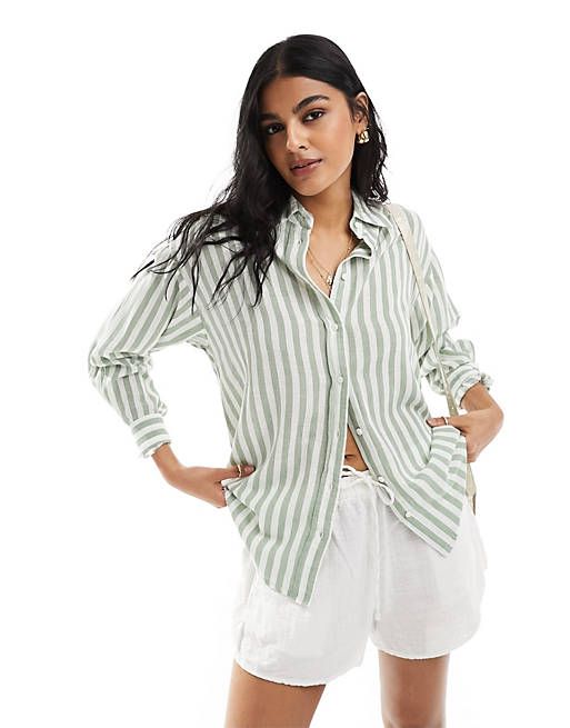 Linen Shirt in Green Striped (XS-XL)