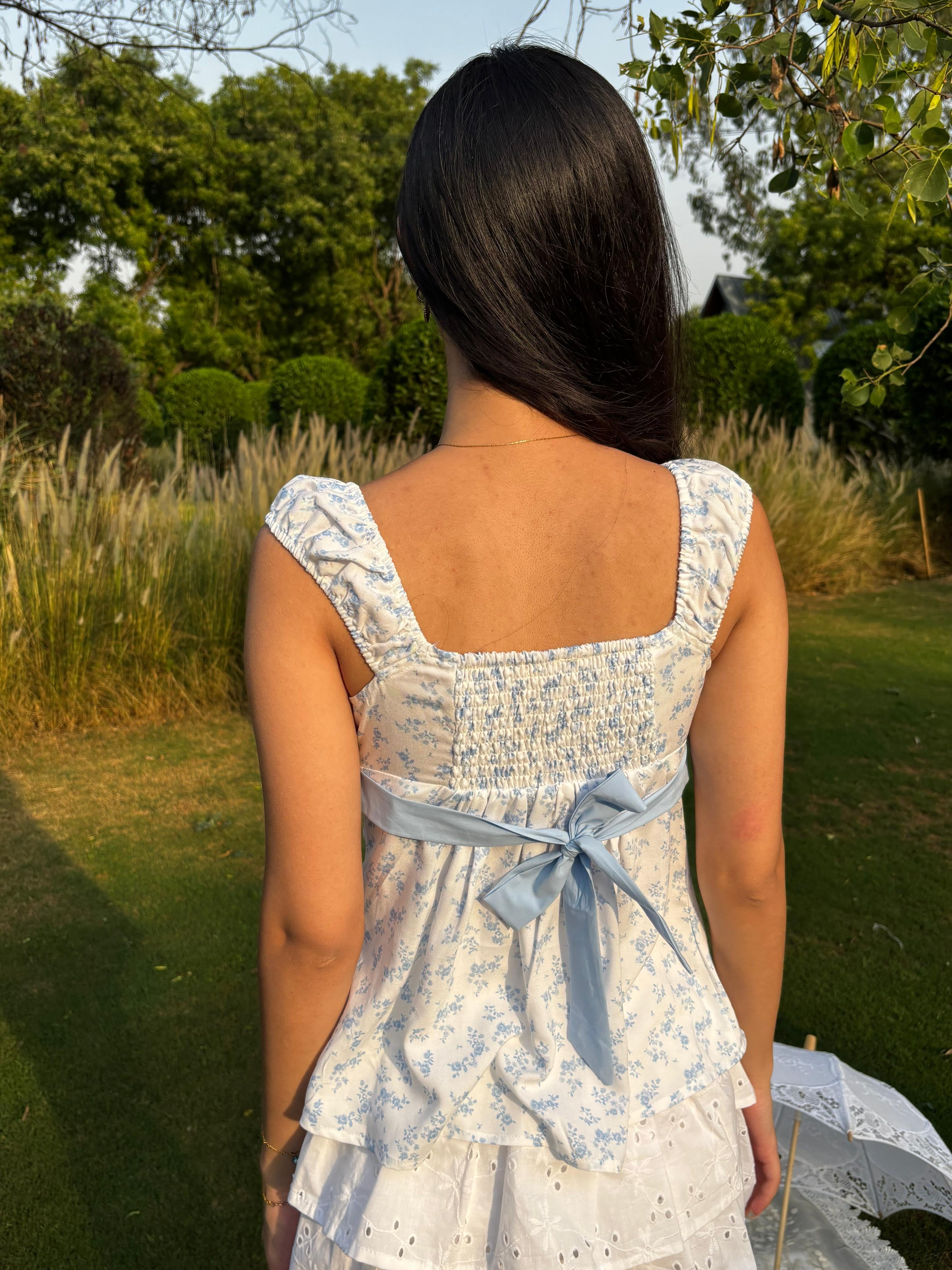 Babydoll Ribbon Top in Blue Floral