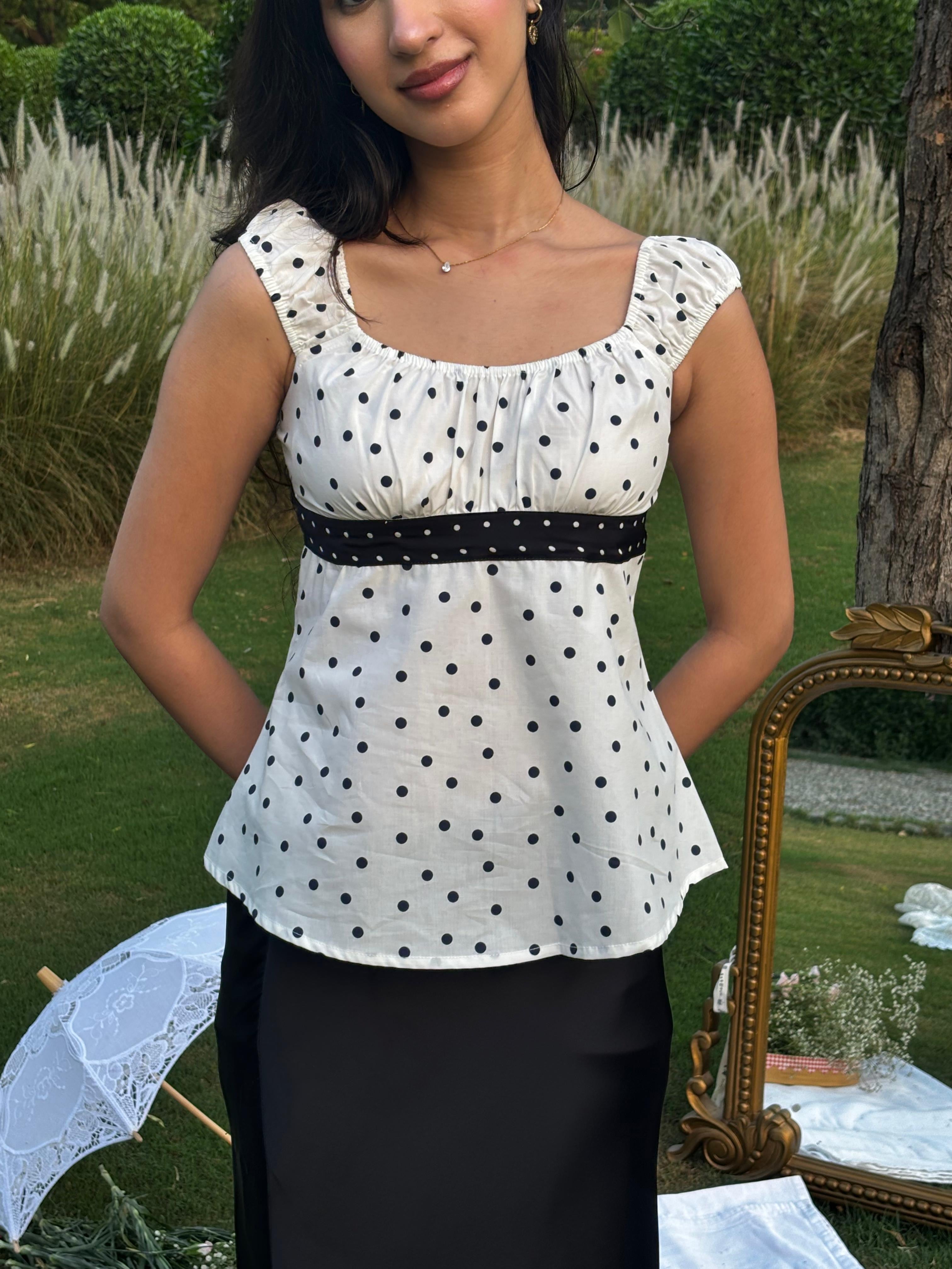 Babydoll Ribbon Top in Polka Dot